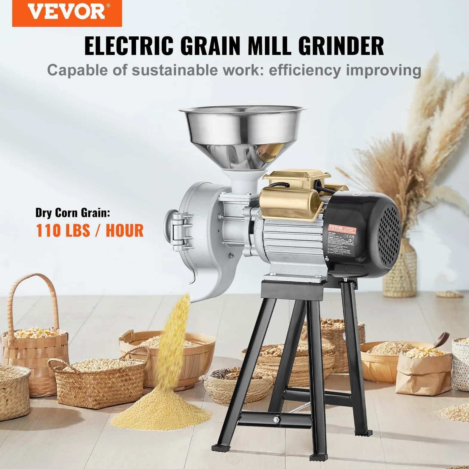 VEVOR Mulino Elettrico per Cereali, Macina Spezie 3000 W, Mulino per Mais con Imbuto, Macchina per Polvere Spessore Regolabile, Mulino per Cereali per Farina Impieghi Gravosi, Macina a Secco o Umido