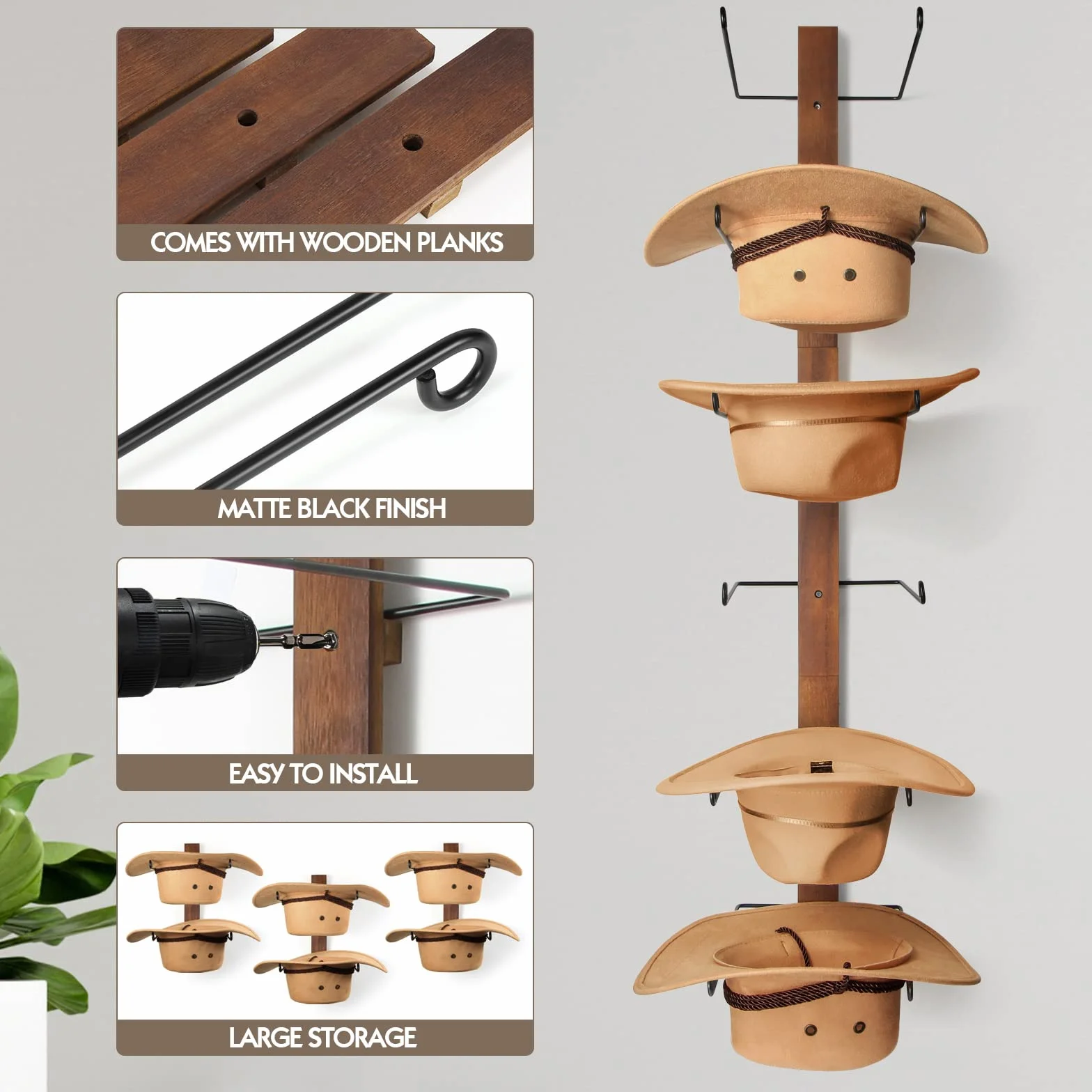 Porta Cappelli da Cowboy 6 Pezzi Bordo Legno Organizer Parete Metallo