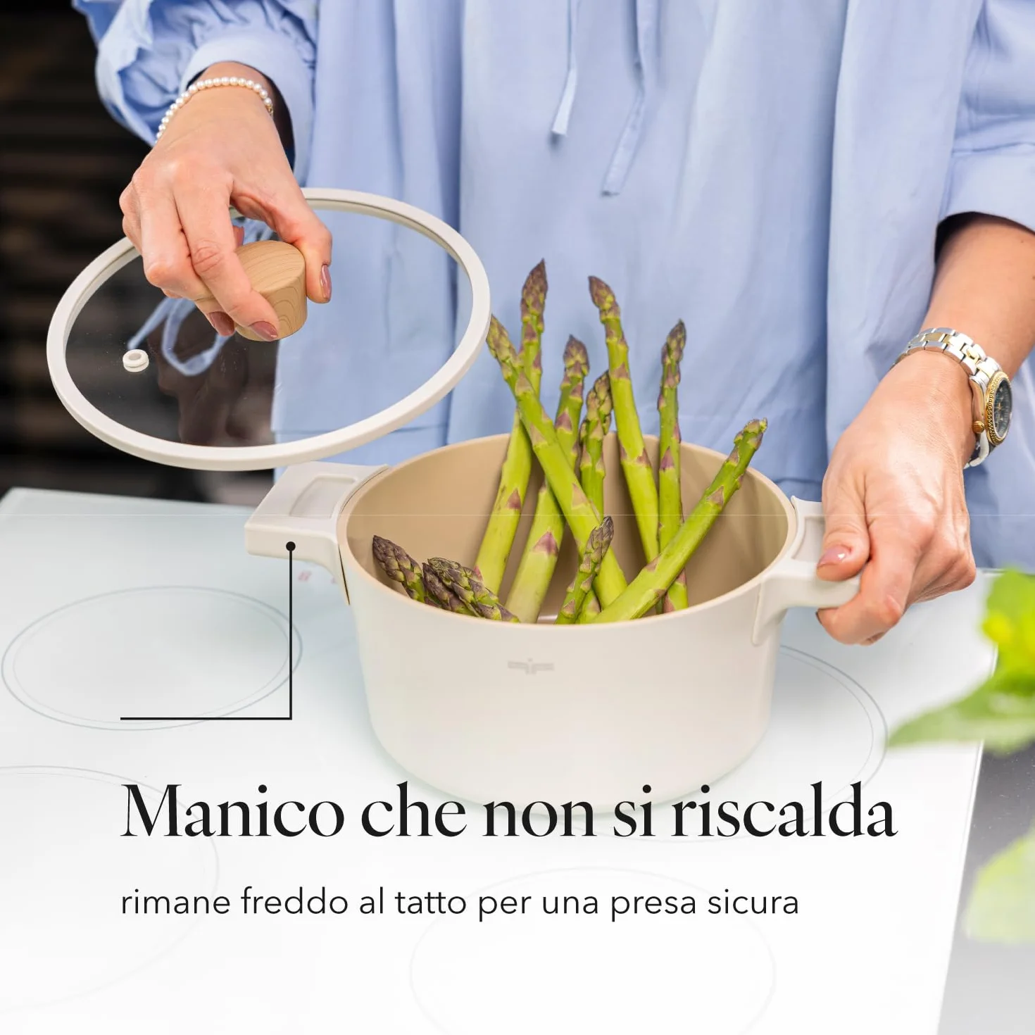 FLORINA Casseruola in alluminio Nube | 24 cm | 5,8 l | Adatta all'induzione | Rivestimento ceramico antigraffio | Manico soft-touch con effetto legno | Coperchio in vetro resistente al calore