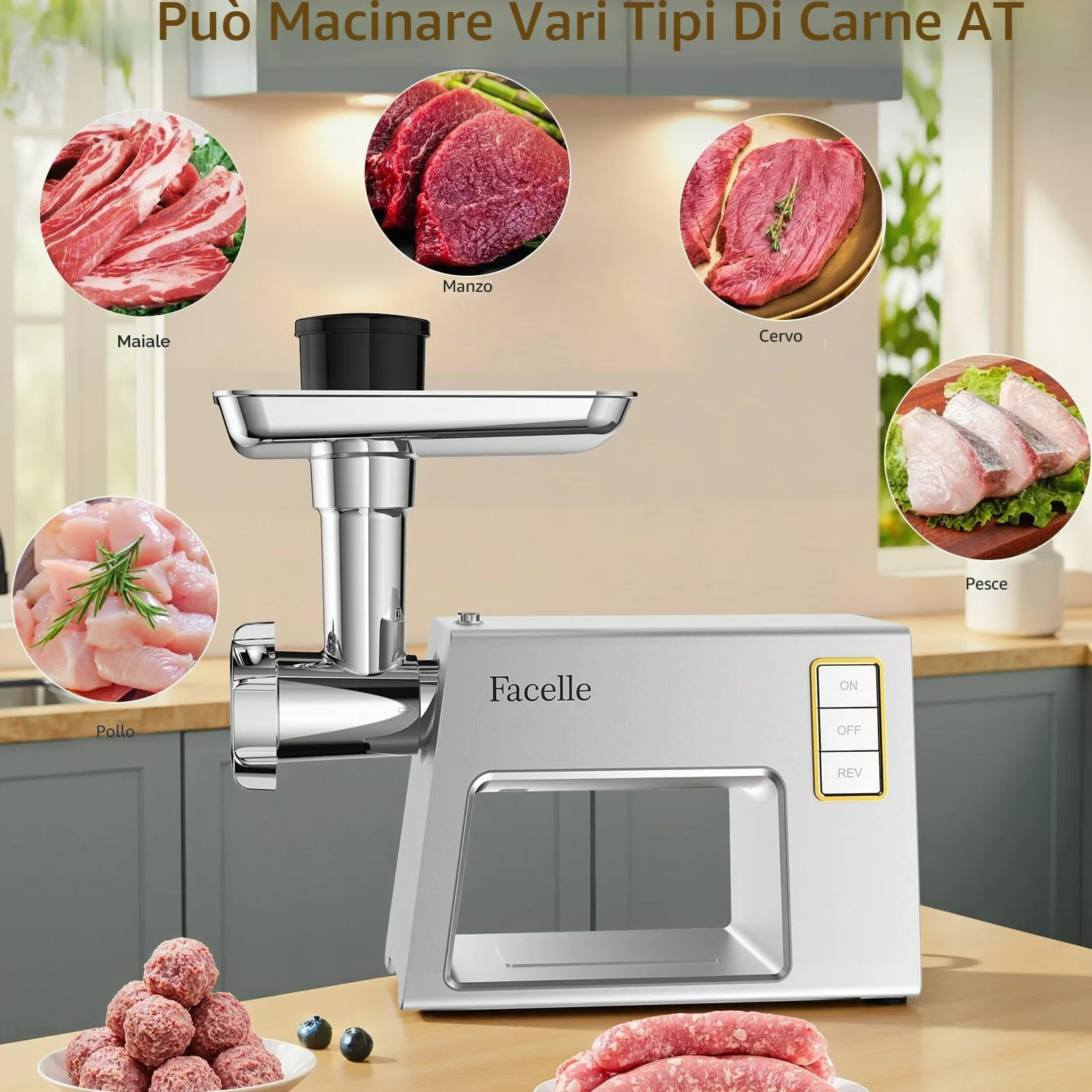 Facelle Tritacarne Elettrico per un Uso Familiare, 2000 W Max, con 3 Piastre Abrasive in Acciaio Inox, 1 Cubo e 1 Tubo di Riempimento per Salsicce, Tritacarne per Hamburger, Kibbeh e Cibo per Cani
