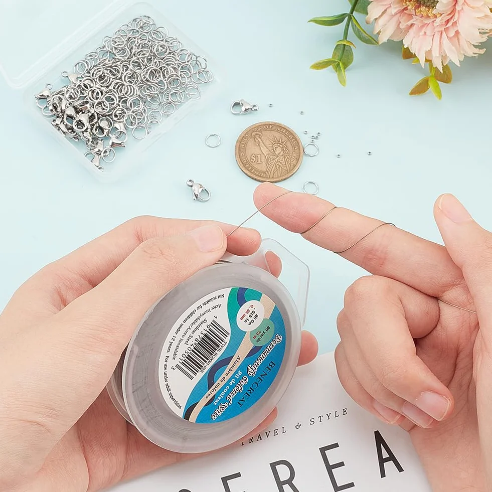BENECREAT Filo Perline Acciaio Inossidabile 0.38mm 7 Fili 200 Anelli Congiunzione 50 Perline Cricchetto 30 Fermagli Moschettone Creazione Gioielli