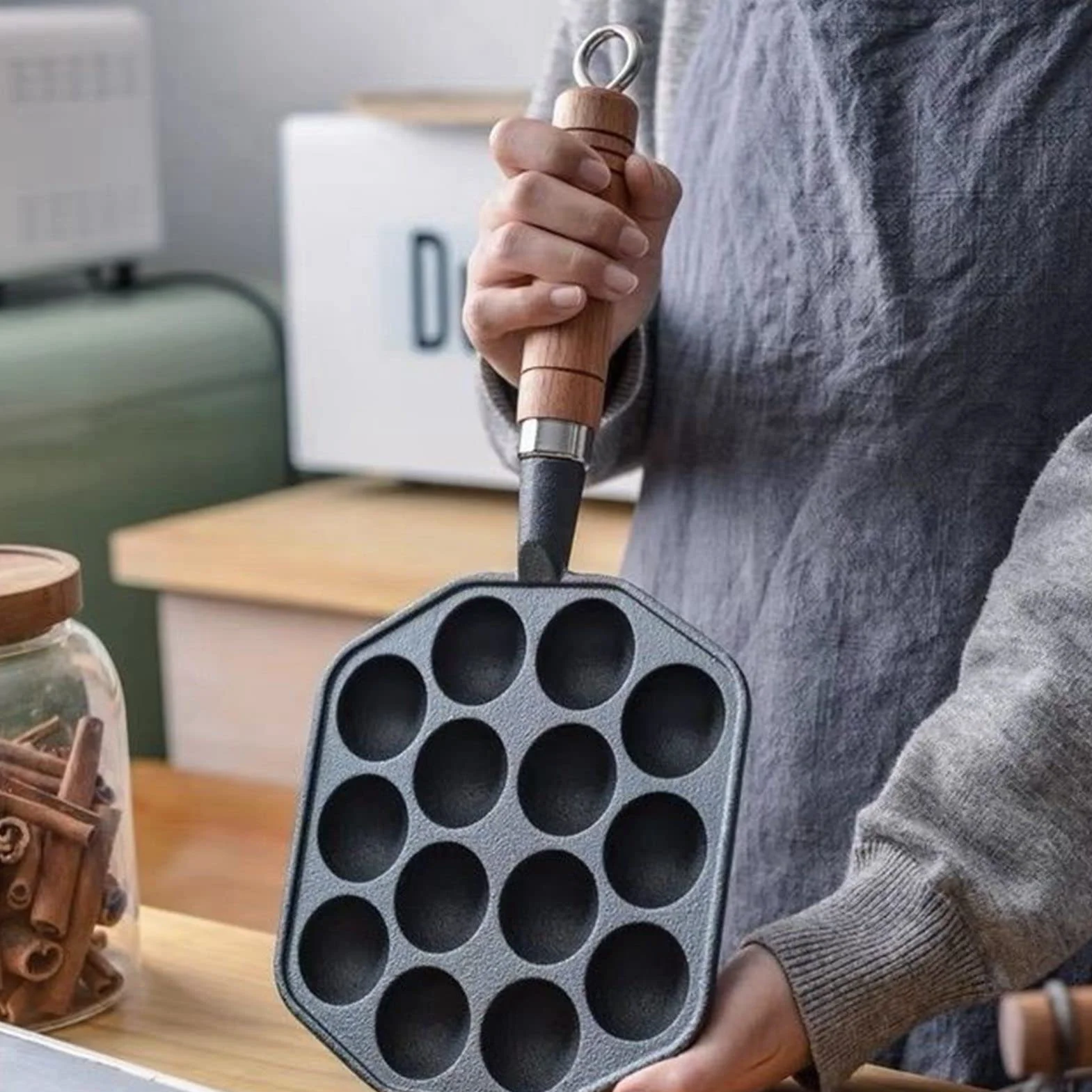 Antiaderente Ghisa Takoyaki Pan 14 Fori con Manico Staccabile