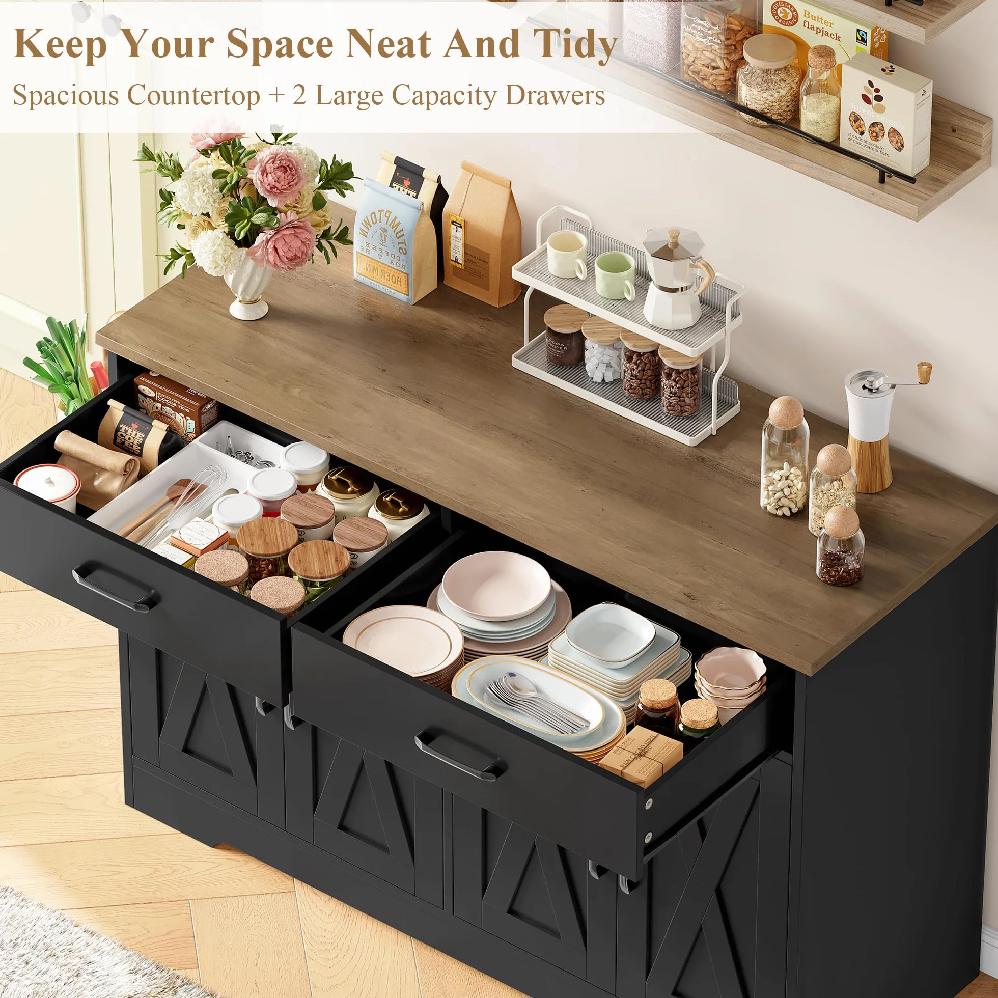 HOCSOK 120 cm Credenza Cucina, Mobile Cucina con 2 Cassetti e 4 Armadi，Buffet Mobile Moderno, Credenza Soggiorno, Mobile per Cucina Ingresso Foyer, Sala da Pranzo, Nero +Marrone