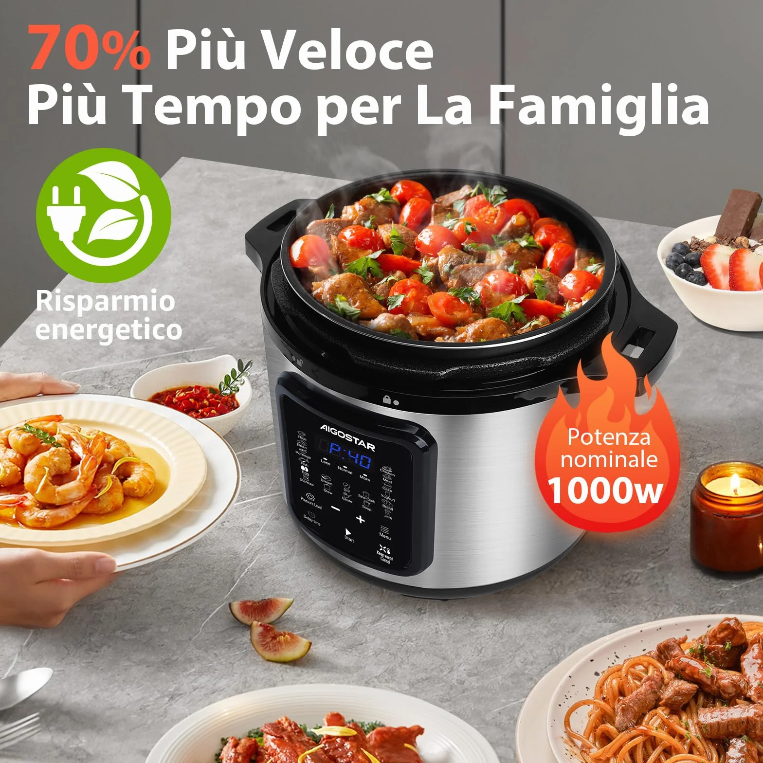 Aigostar Pentola a Pressione Elettrica 6L 1000W, 18 Programmi, 3 Livelli Pressione, Timer 24H, Mantieni Caldo, Display LED