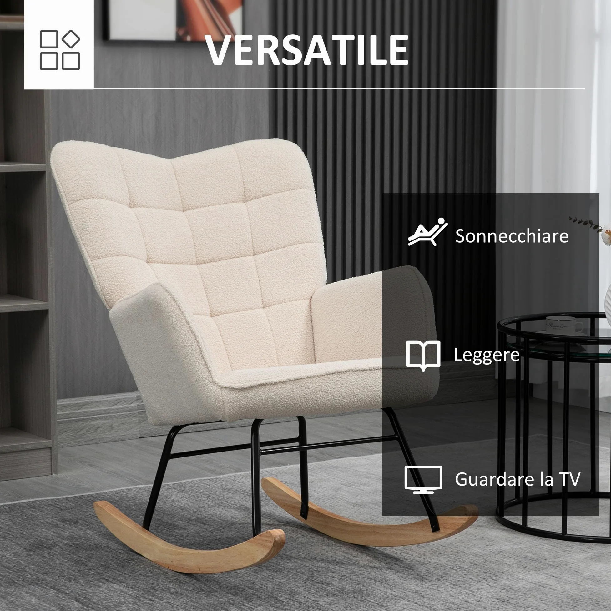 HOMCOM Sedia a Dondolo da Interno Imbottita, Poltrona a Dondolo Relax in Pile Berbero con Braccioli, Struttura in Acciaio e Gambe in Legno di Faggio per Soggiorno e Camera da Letto, Beige