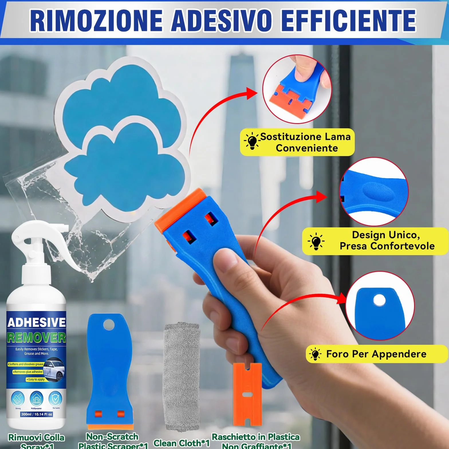 Rimuovi Colla Spray 300ml per Etichette, Adesivi, Nastro Adesivo su Vetri, Auto e Superfici