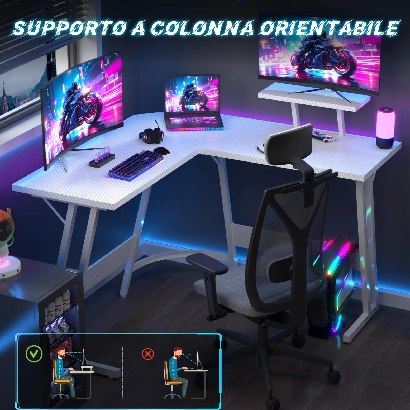 JUMMICO Scrivania Angolare, Scrivania Gaming 120x120cm - Tavolo da Gioco a L con Supporto Reversibile per lo Schermo - Versatile (gioco/lavoro/studio) - Rivestita in Carbonio - Bianco