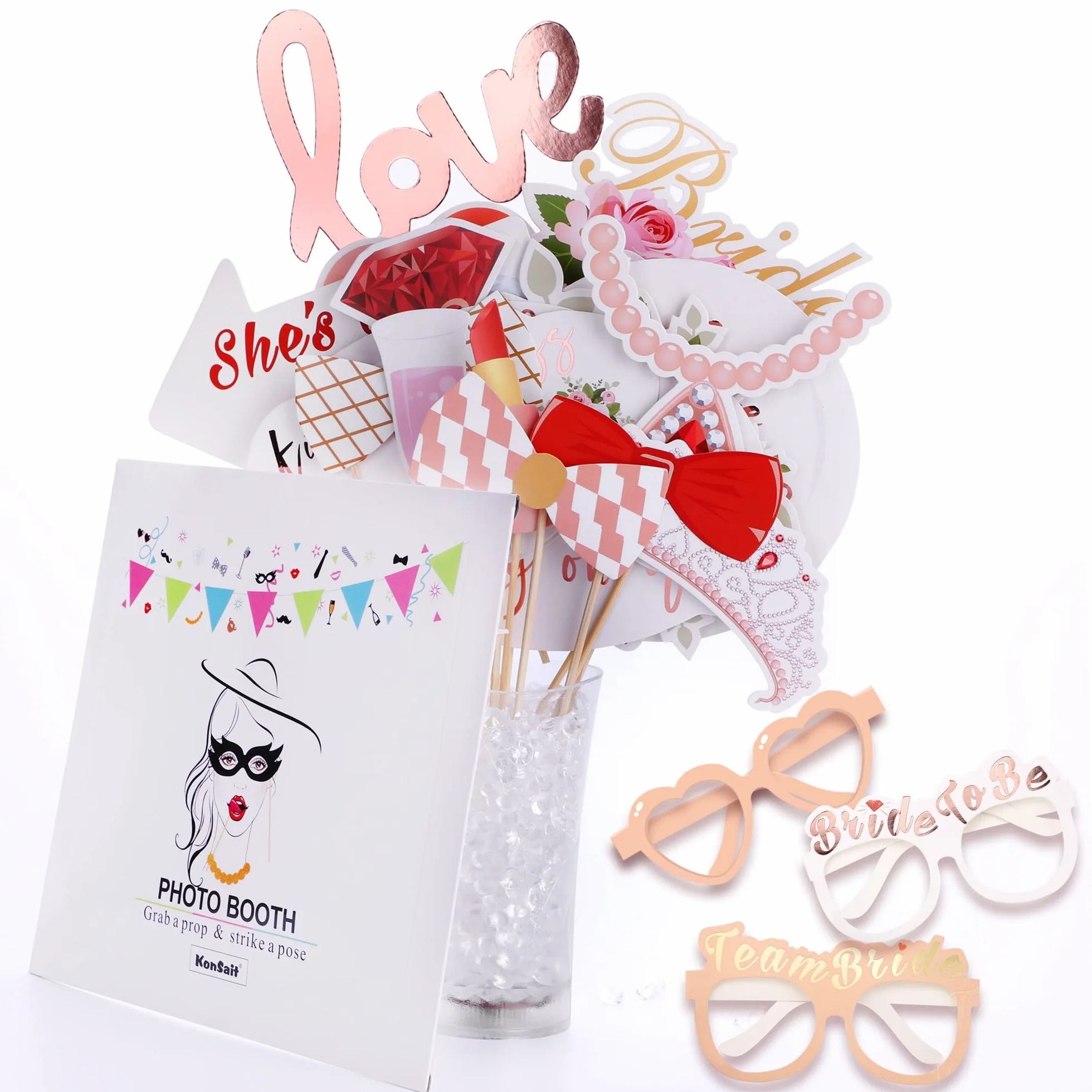 KonSait 23pz Accessori Photo Booth Matrimonio Addio al Nubilato Foto Props Occhiali Baffi per Matrimonio Addio al Nubilato Decorazione