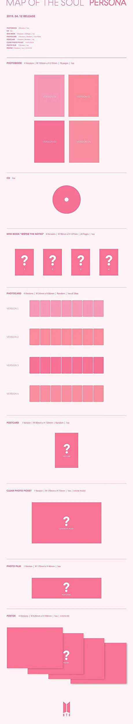 BTS - [Map of The Soul:Persona Album 4 Version Set 76p PhotoBook+20p in The Mood for Love Mini Note+1p PhotoCard+1p Postcard+1p Photo Film+1p Pre-Order(Clear Photo Picket)+Tracking K-Pop Sealed