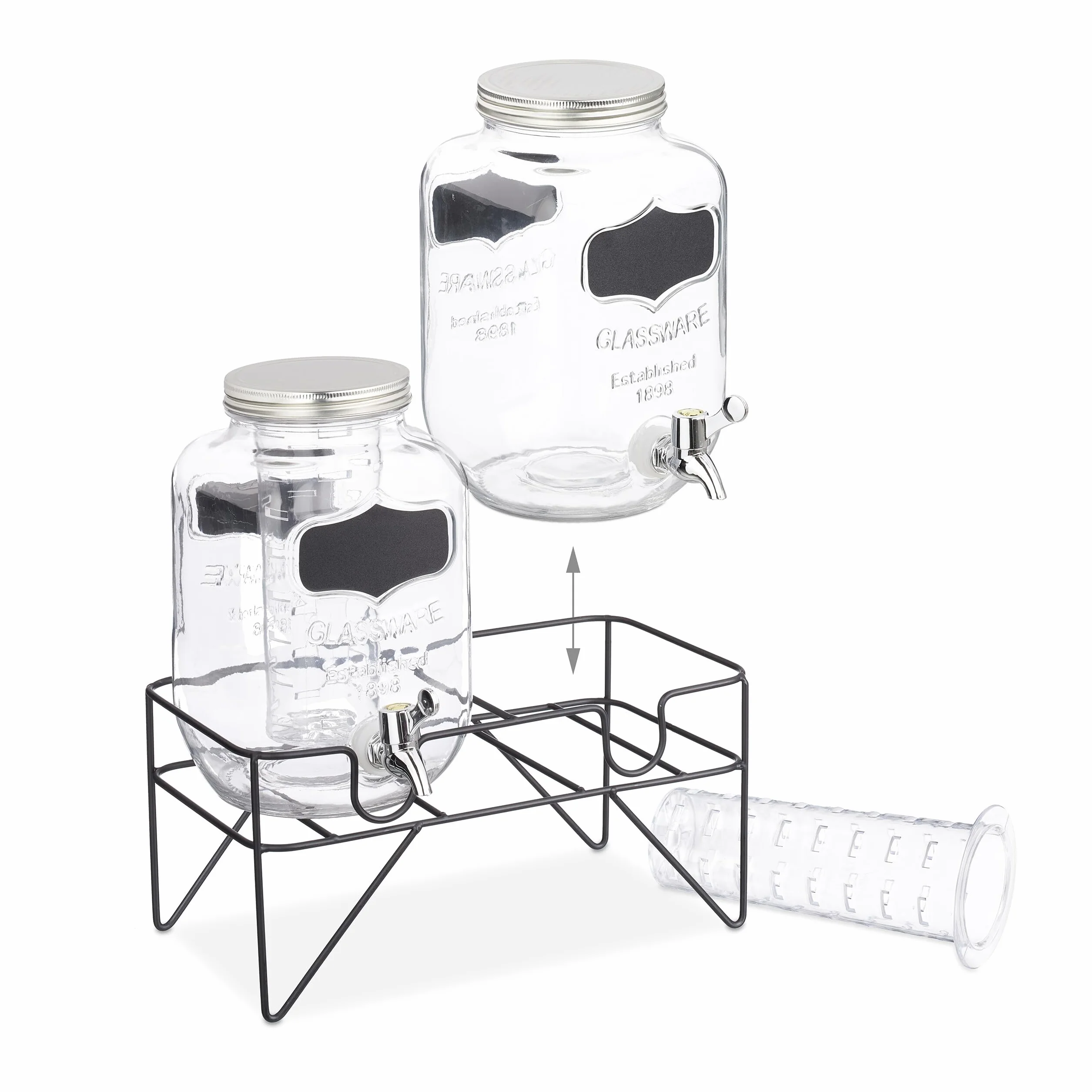 Relaxdays 2 Dispenser Vetro 4 L Rubinetto Supporto Distributore Acqua Limonate