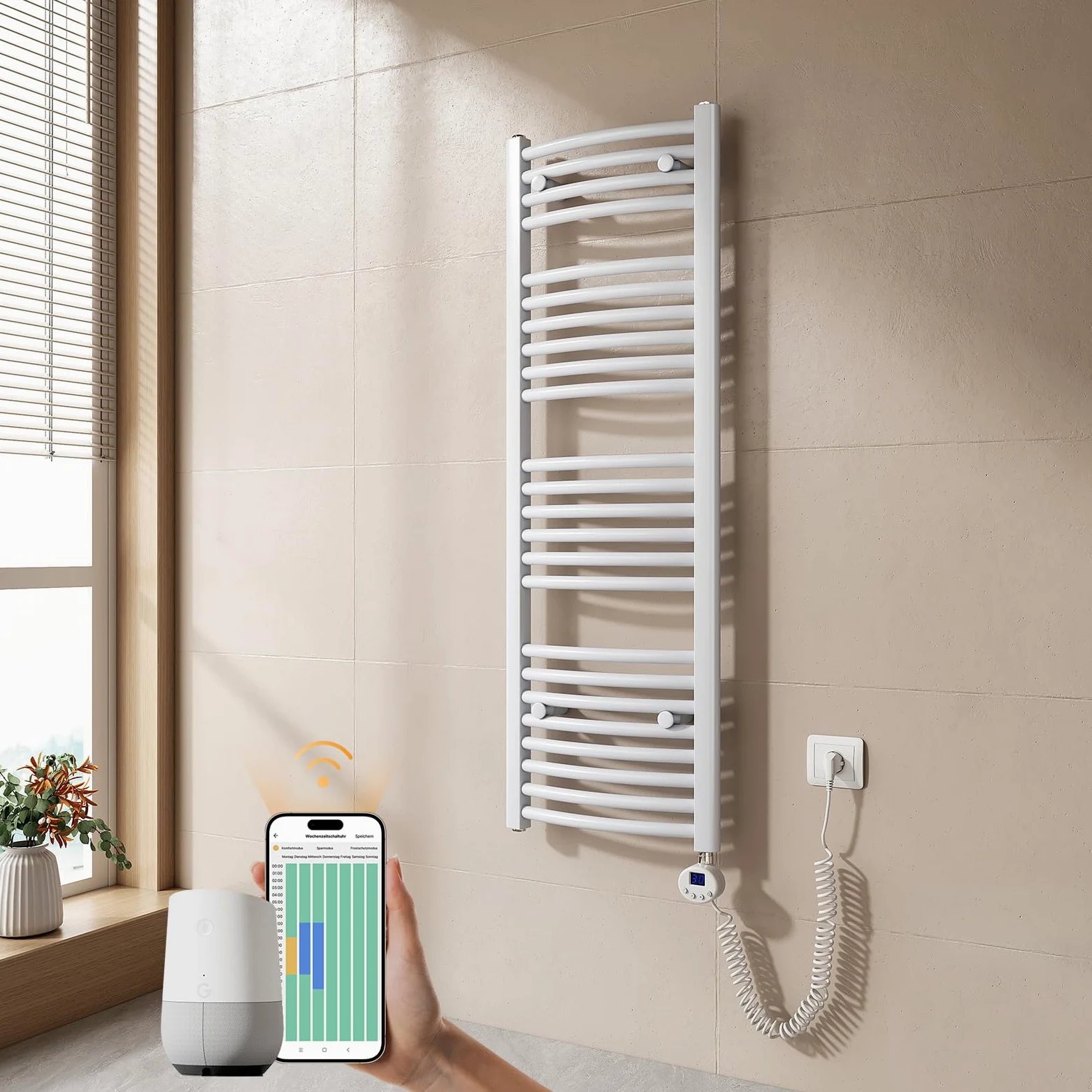 EMKE Radiatore da Bagno, 120 x 40cm, 500W, Scaldasalviette con WIFI Termostato, Curvo, Bianco, Termoarredo Asciugamani da Bagno