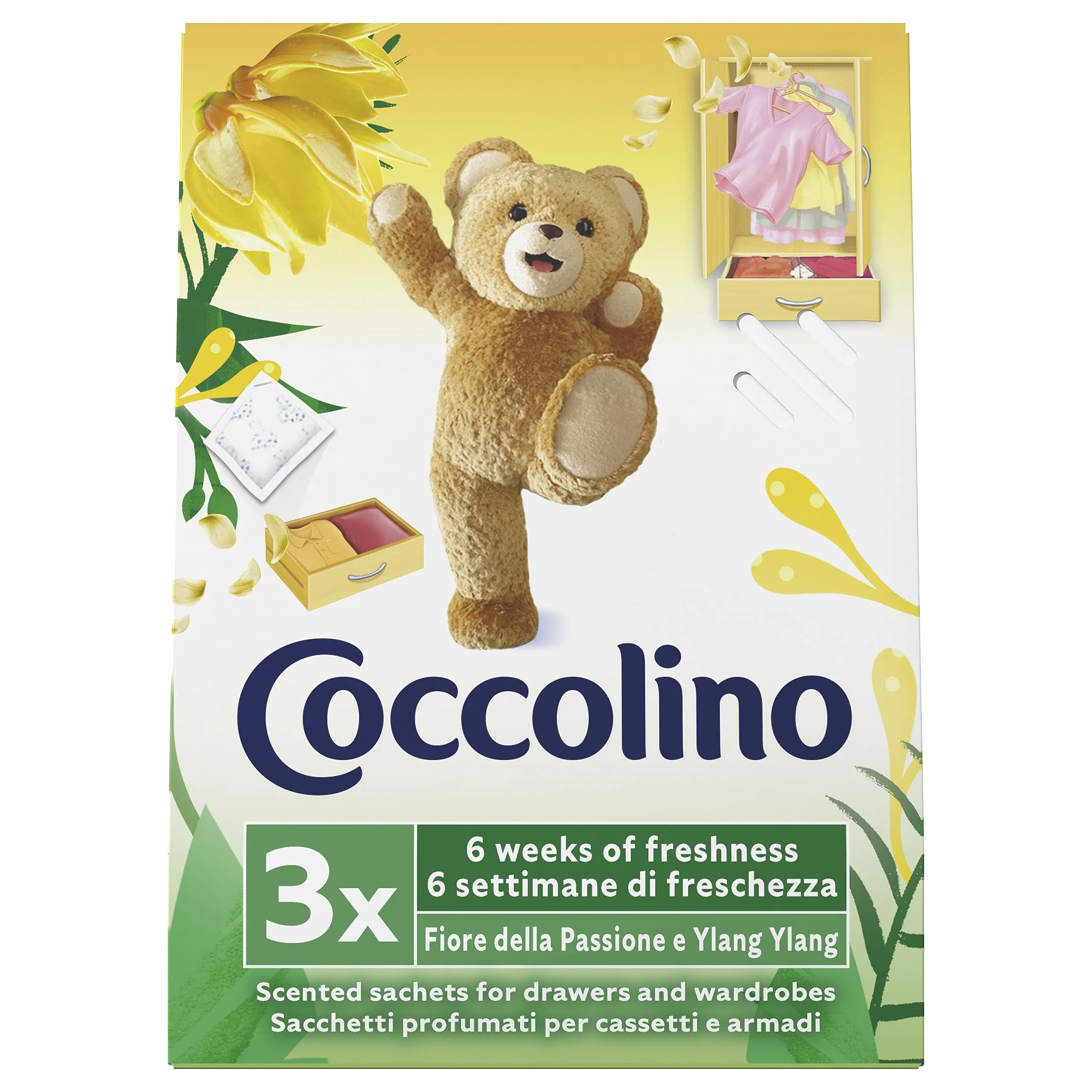 Coccolino Profuma Biancheria, 3 Sacchetti per Ogni Confezione di Fragranze Assortite, Profumo Primavera, Fiori di Tiarè & Frutti Rossi, Ylang Ylang, Confezione da 12 per un Totale di 36 Sacchettini