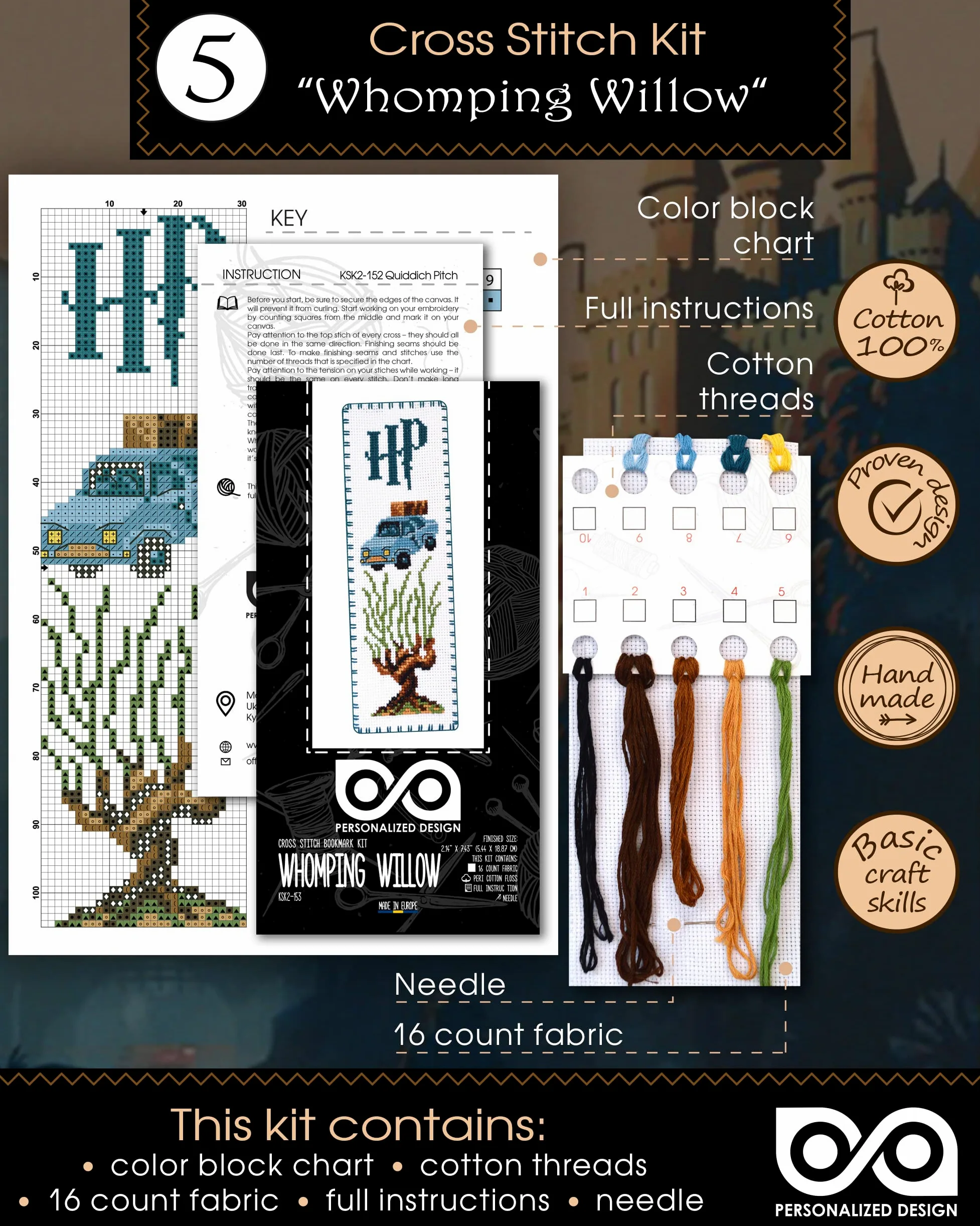 Personalized.Design Kit punto croce contato Magic World of Wizards – Segnalibri 7 in 1 fai da te ricamati a mano