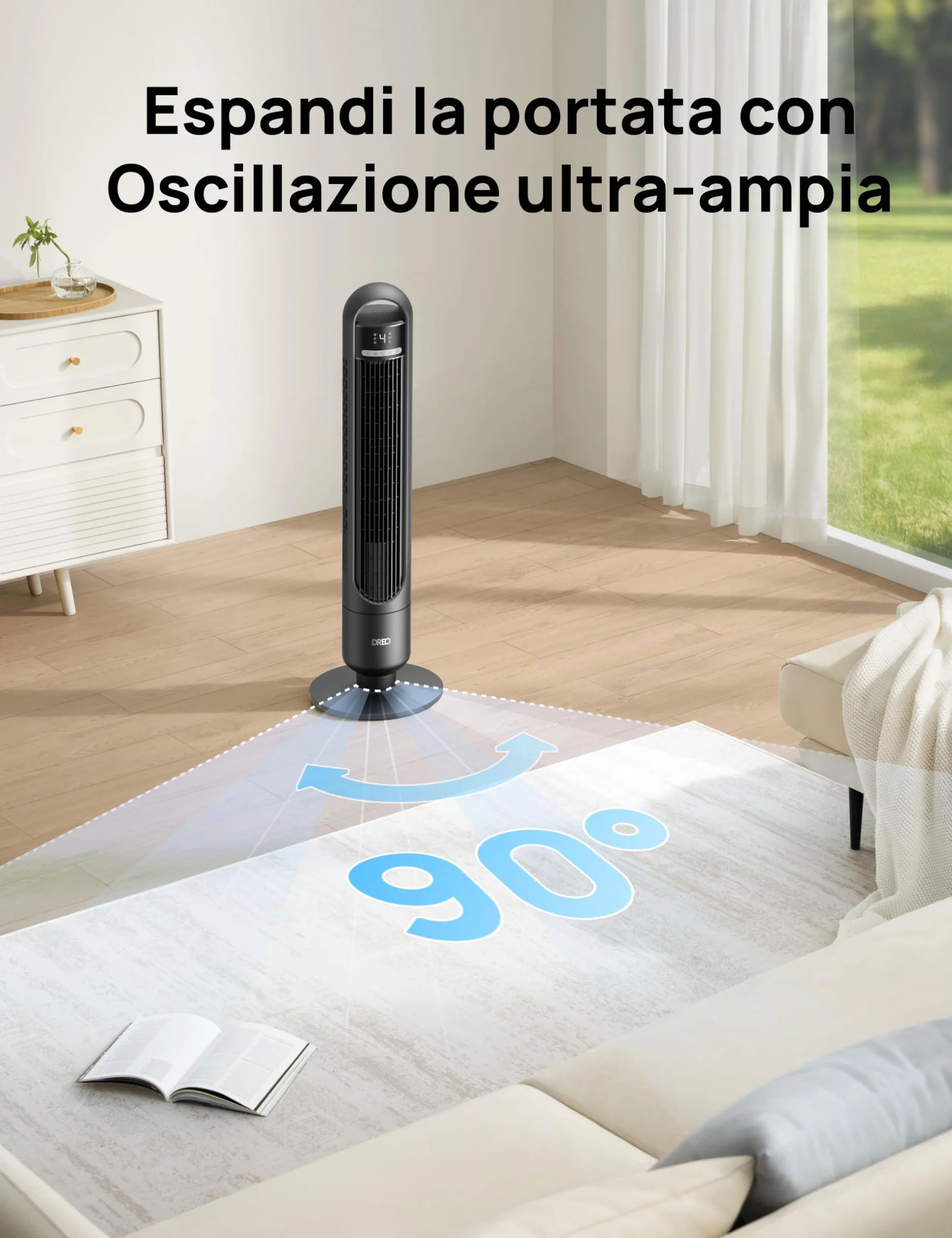 DREO Ventilatore a torre silenzioso da 23 dB, distanza di lancio, 9.8 m, ventilatore con 4 livelli di velocità, 3 modalità, timer da 8 ore, oscillante a 90°, ventilatore a colonna per camera da letto