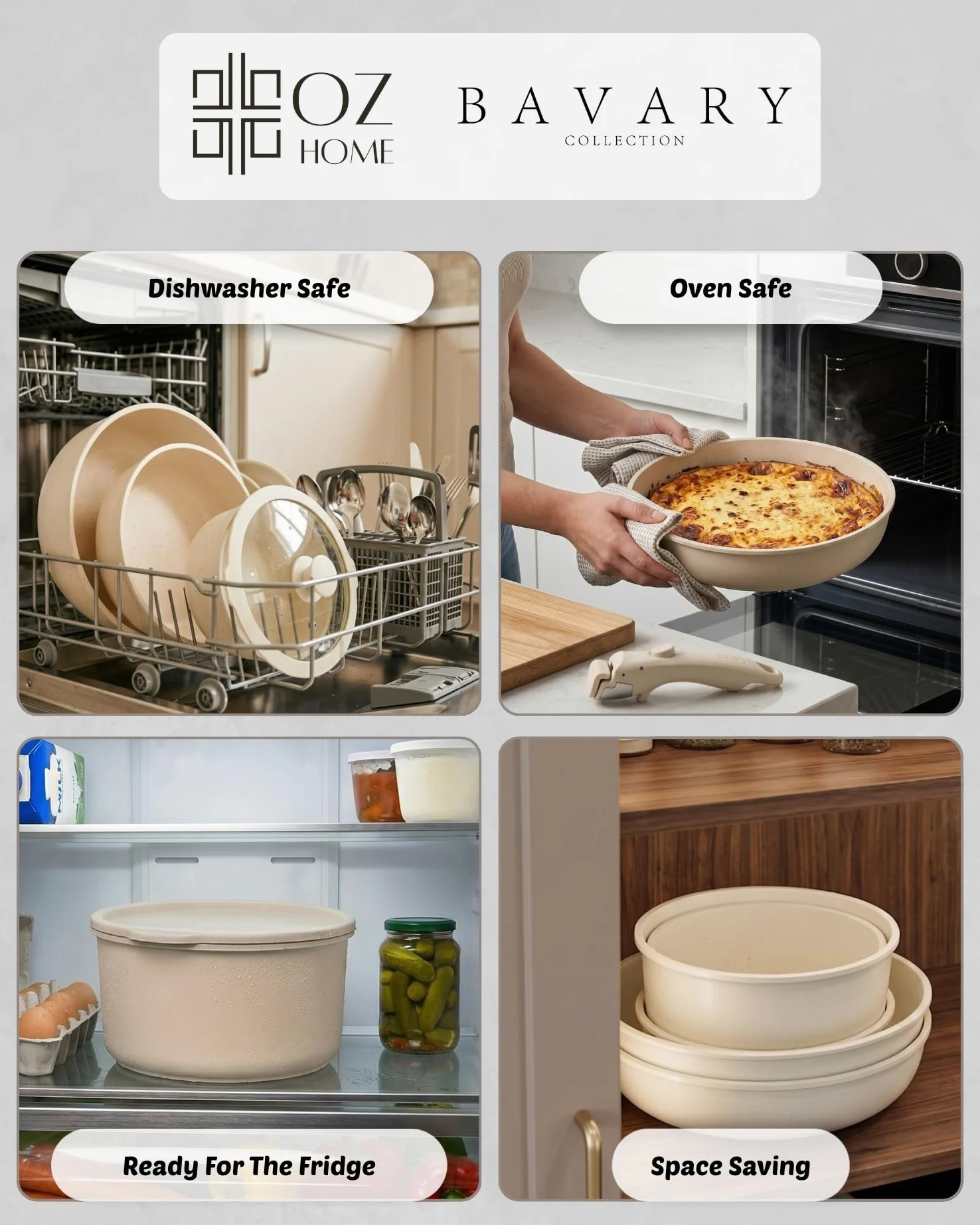 BAVARY Set Pentole Induzione 11 Pezzi - Batteria Pentole Antiaderente, Manico Rimovibile - Set Di Pentole Impilabile, Lavabile In Lavastoviglie, Tutti I Piani Cottura, Cucina Completa, Crema/Beige