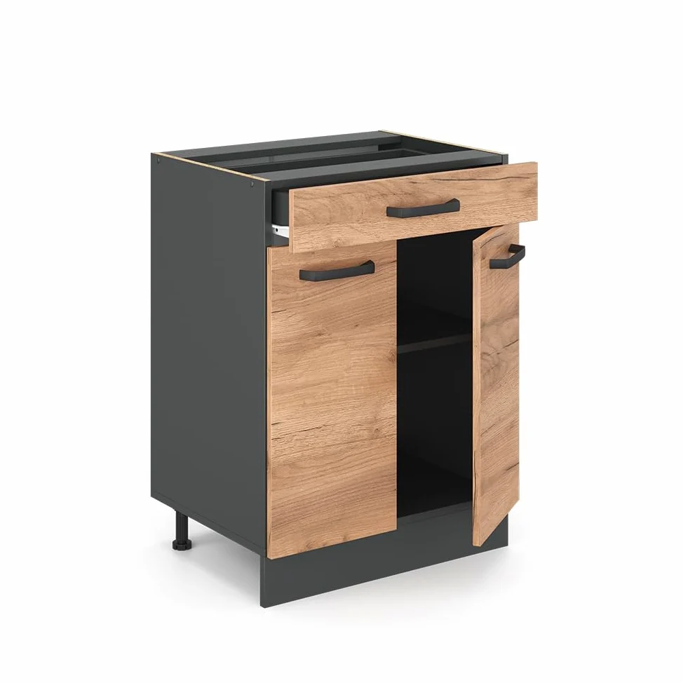Vicco mobiletto base per cucina R-line, Quercia dorata/Antracite, 60 cm con cassetto, senza piano di lavoro