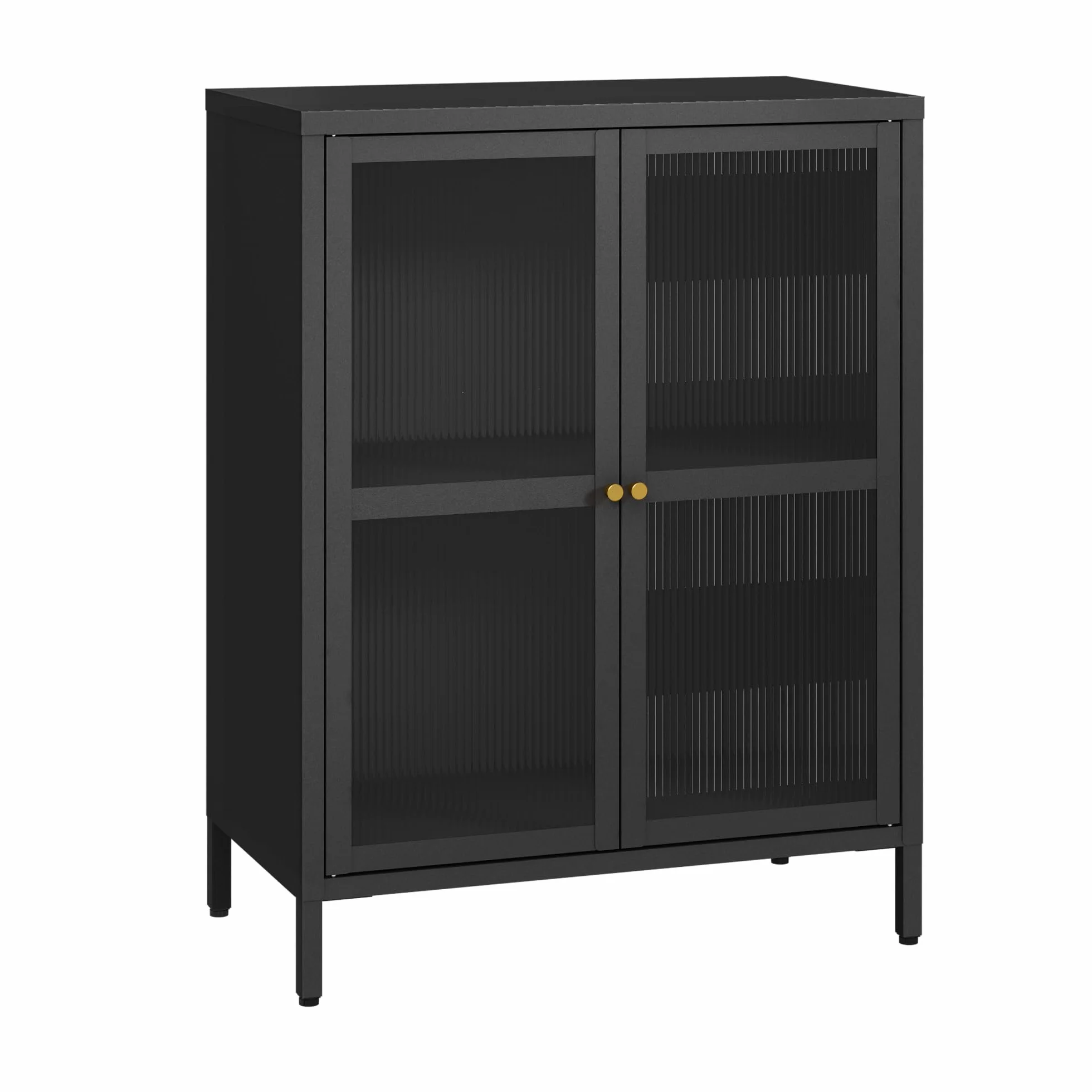 [en.casa] Comò con Ante in Vetro Scanalato Credenza in Acciaio per Soggiorno Mobile Vetrinetta con Scomparto Diviso 84x64x35 cm Nero
