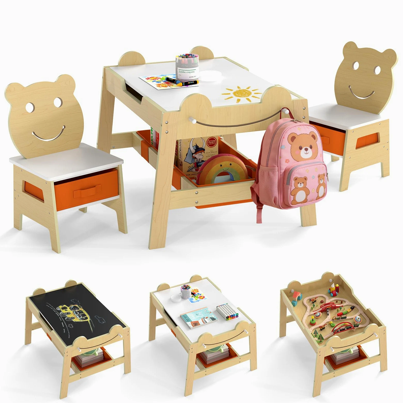 COSTWAY Set Tavolo e 2 Sedie per Bambini, 5 in 1 Tavolino e Sedie con 4 Ganci, 3 Scatole in Tessuto e Lavagna Reversibile per Bambini 3+ Anni per Cameretta Ragazzi (Naturale, Stile 5)