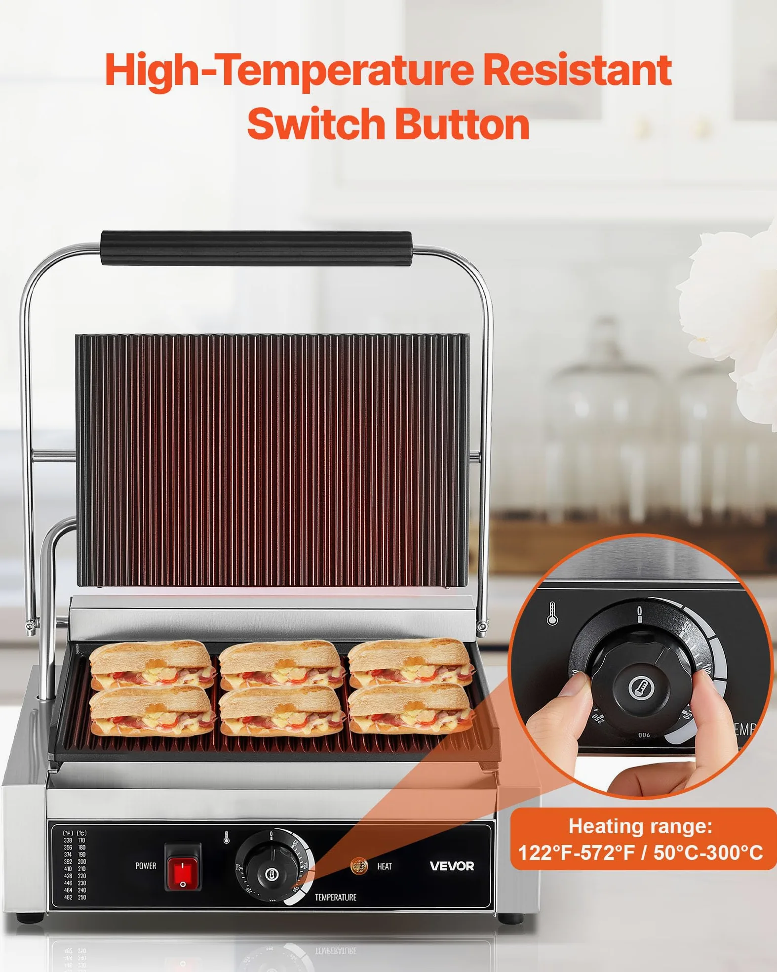 VEVOR Piastra Elettrica per Panini Professionale, 2200 W, in Acciaio Inox con Maniglia e Controllo della Temperatura, Piastra Smaltata Scanalata Completa da 34 x 23 cm, per Bistecche, Pancetta