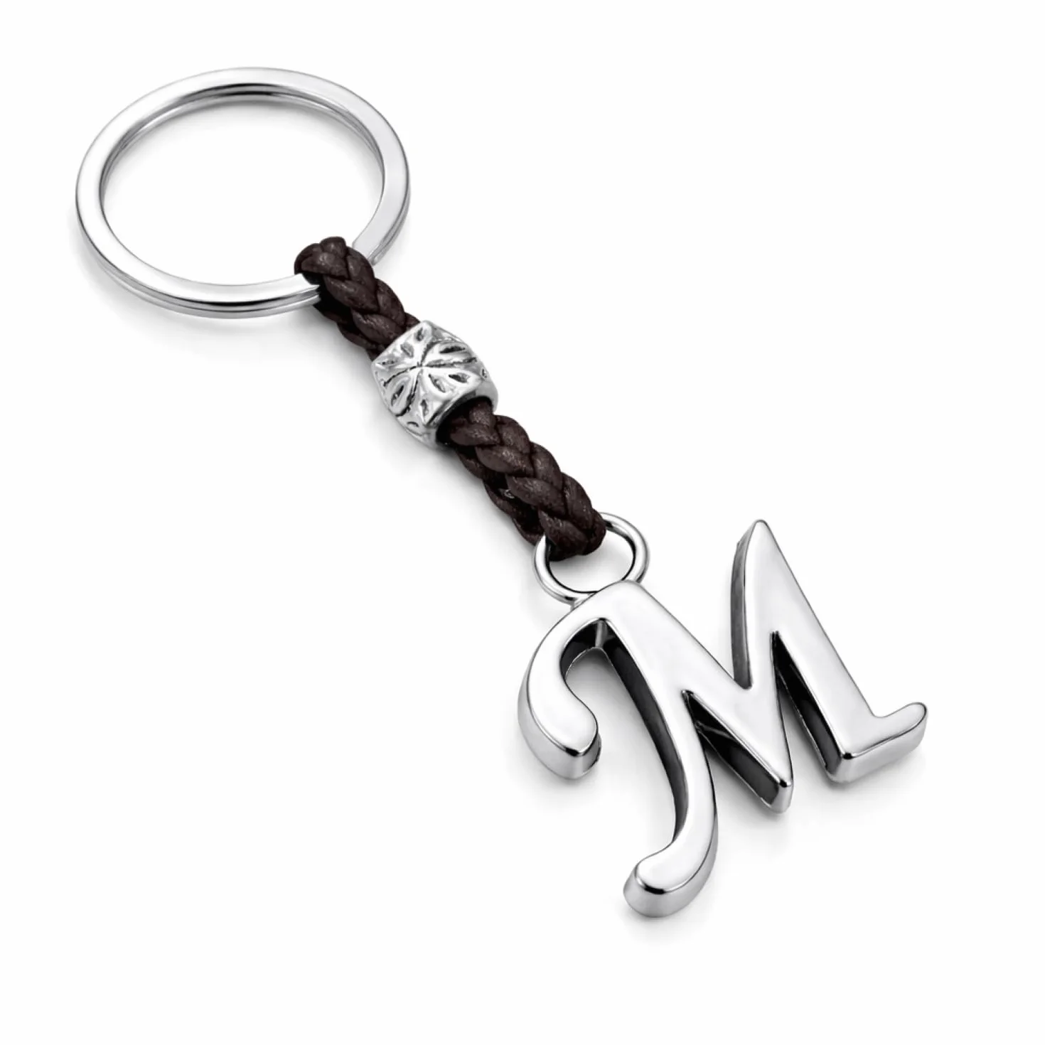 Portachiavi Personalizzato con Iniziali del Nome - Cuoio Lettere e Perline in Zama Placcate Argento - Uomo o Donna - Ideale per Regali (M)