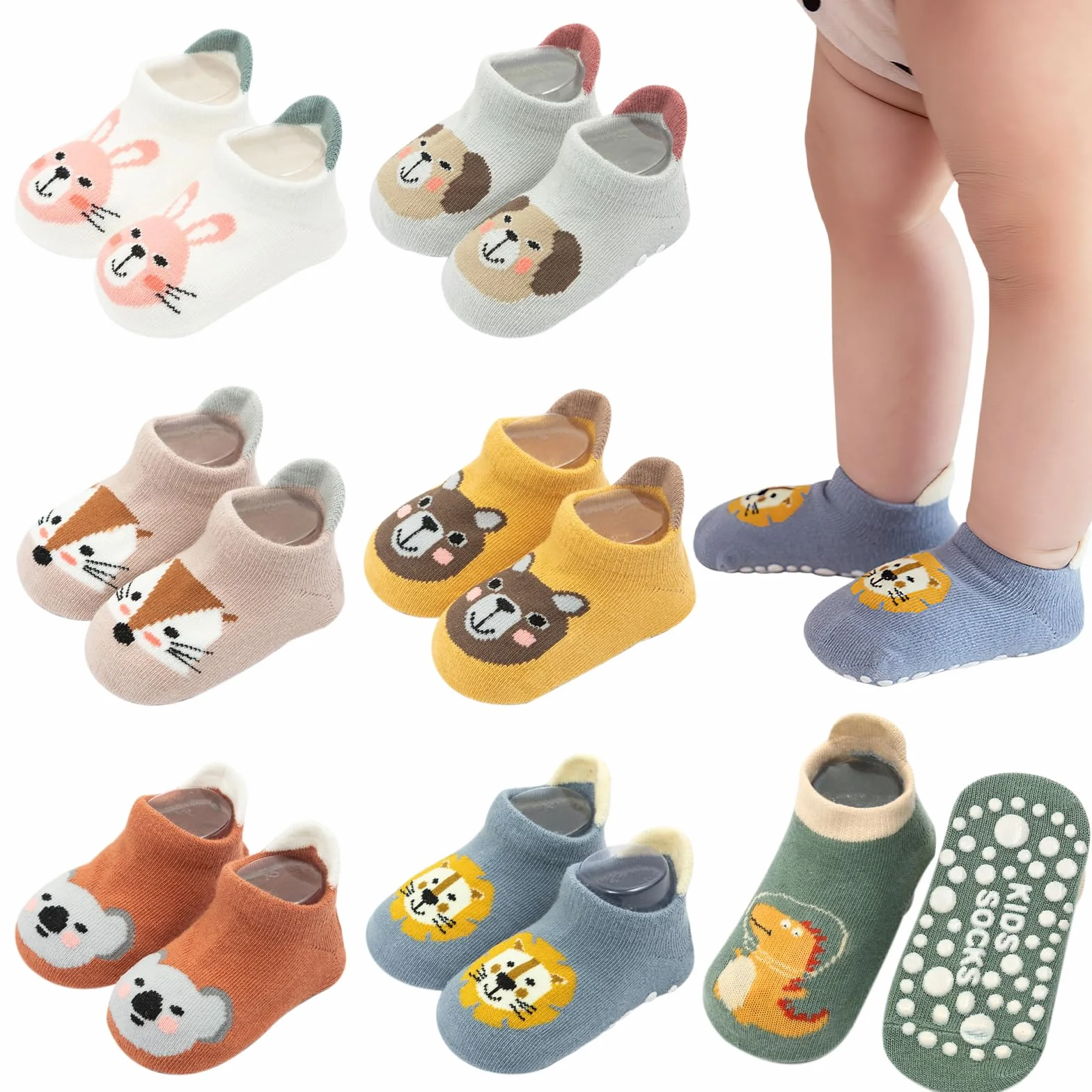 VEGCOO 7 Paia Calzini Antiscivolo Cotone Animali Stampa Calze Traspirante per Neonati Bambini Bambine