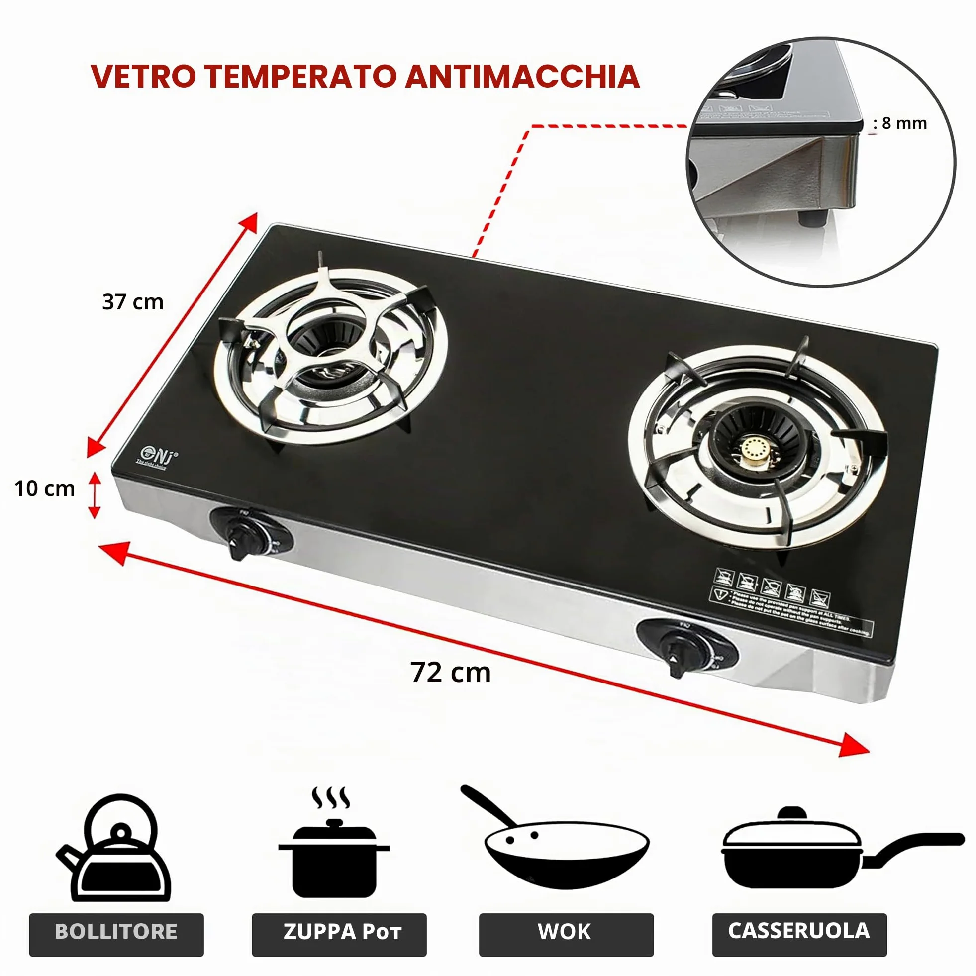 NJ NGB-S2 - Fornello a gas, 2 fuochi, in vetro, colore: nero, 6,8 kW