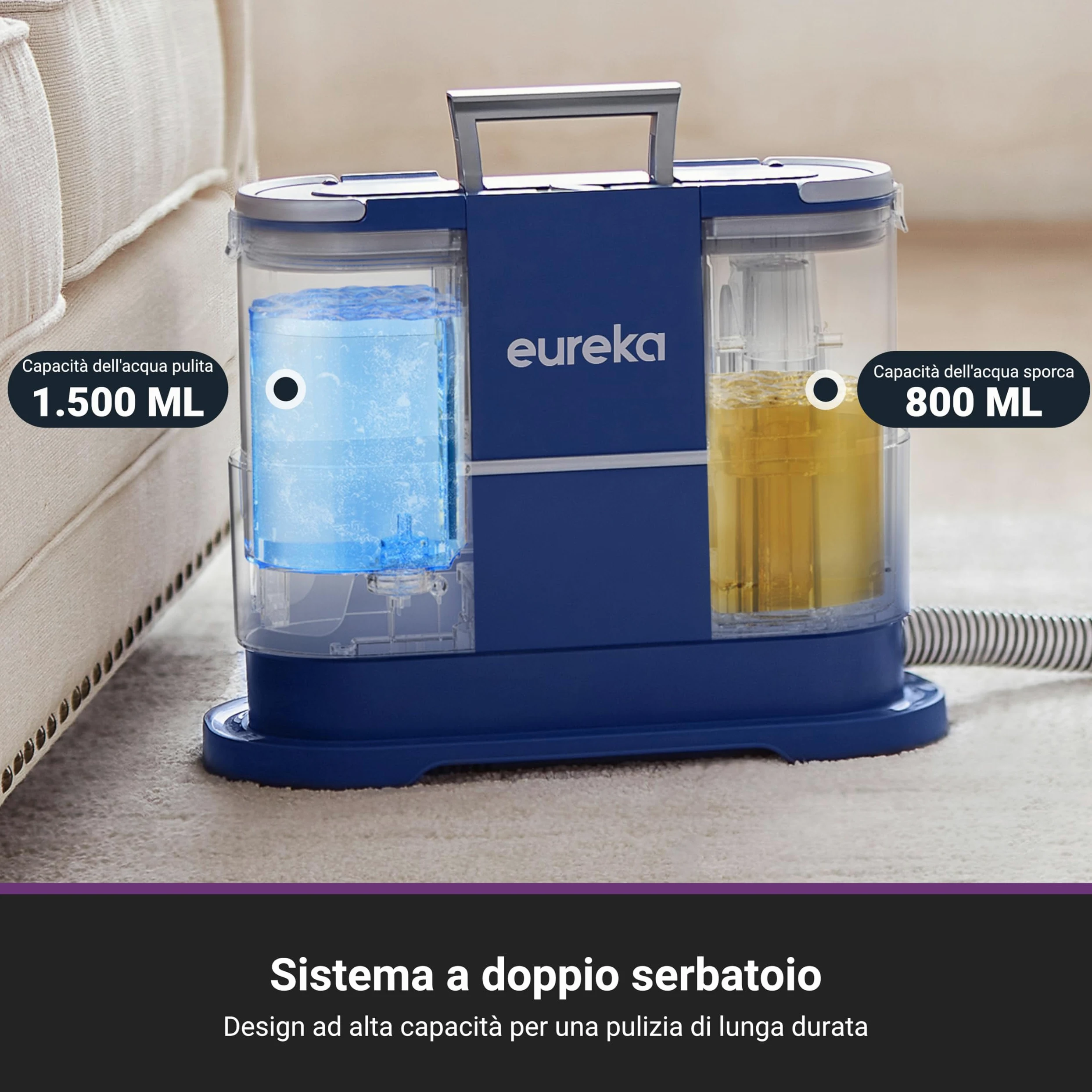 Eureka NEY100 Detergente Portatile per Moquette e Tappezzeria| Smacchiatore Multisuperficie per Moquette,Tappeti,Scale e Auto | Rimuove lo Sporco,Liquidi e le Macchie | Serbatoio d'acqua da 1,5 Litri