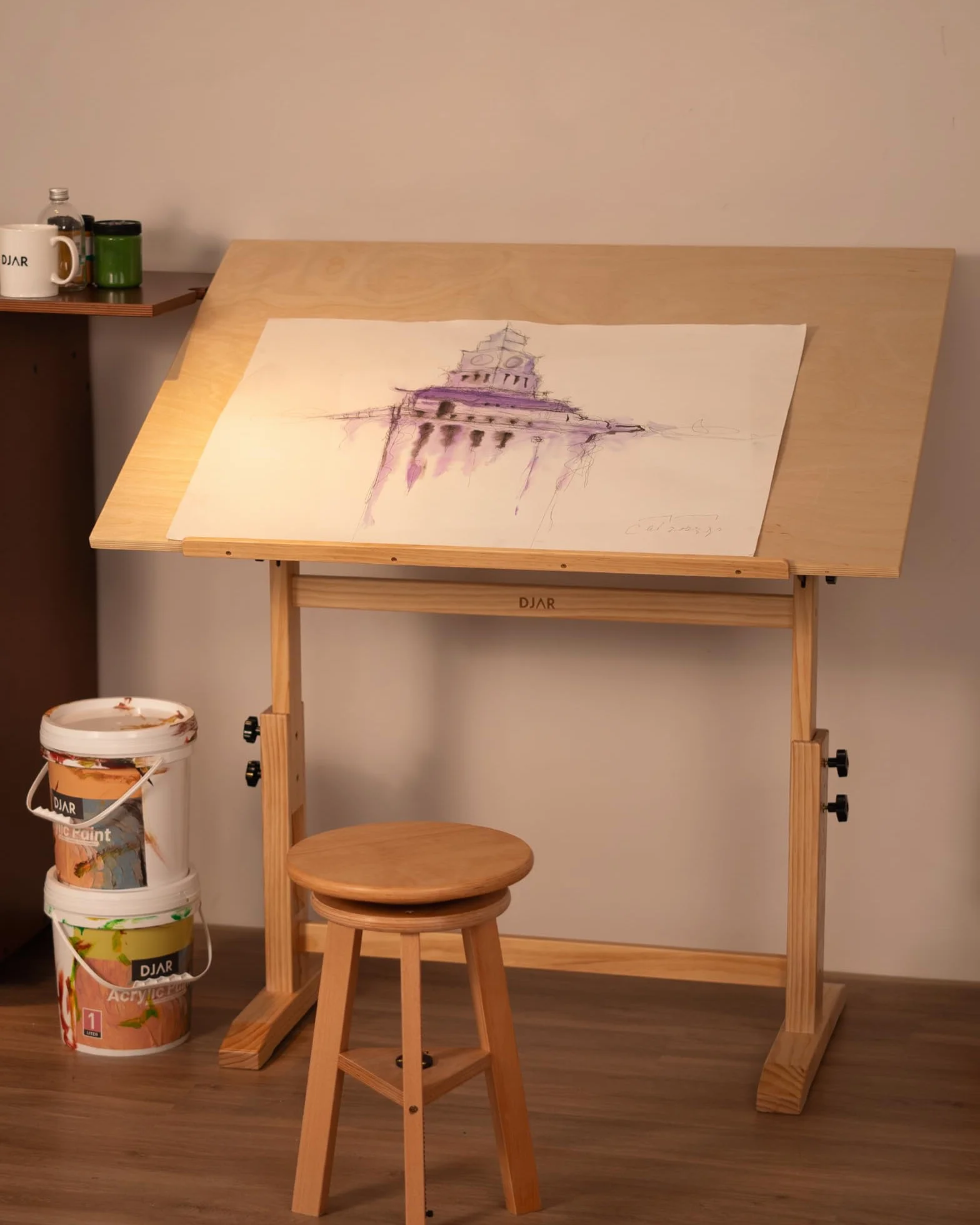 DJAR Tavolo da disegno regolabile in legno, scrivania artistica, 107 x 76 cm, per pittura, disegno e scrittura, cornice in legno di pino massiccio, naturale