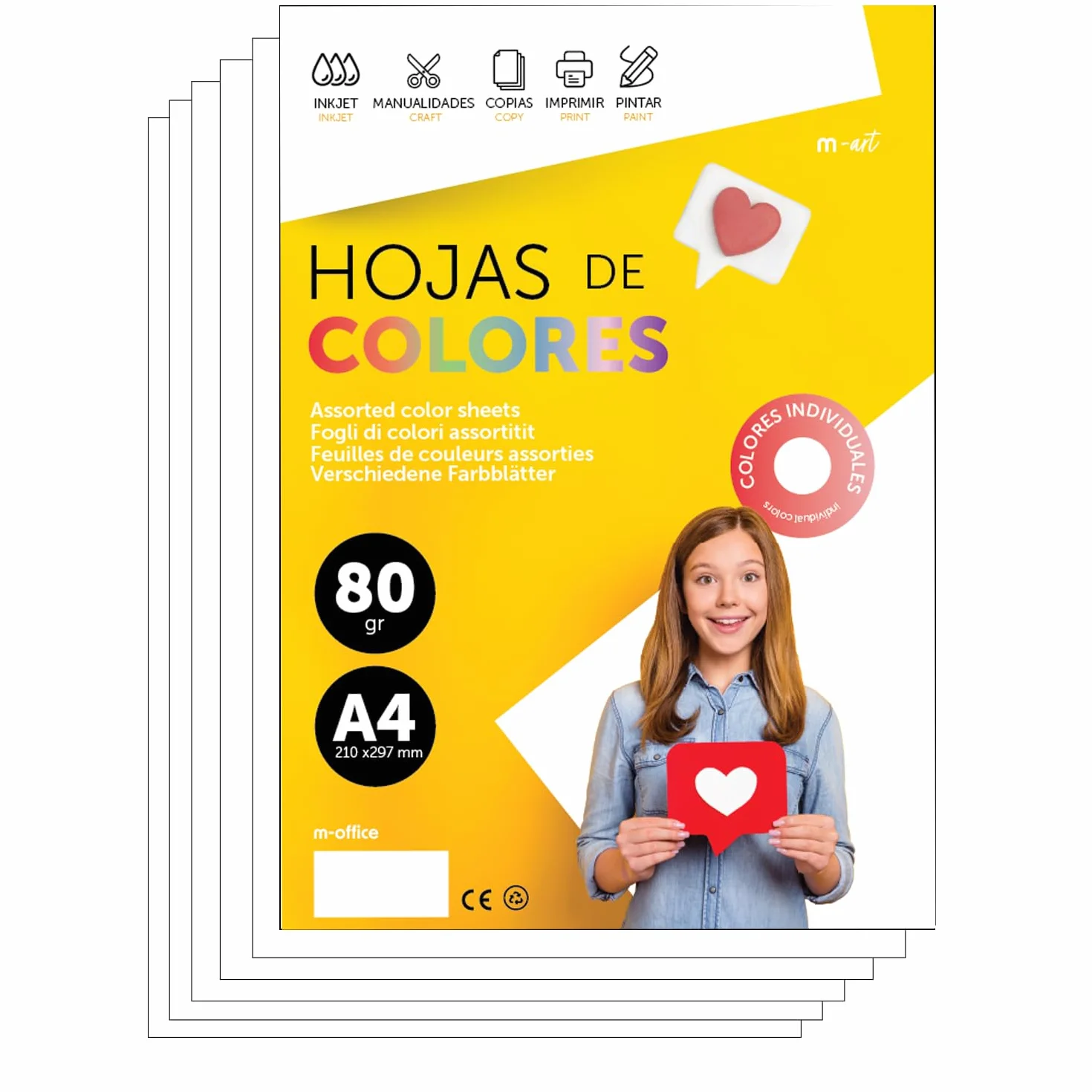 Fogli Colorati A4 80g per Stampanti e Lavoretti Manuali, Blocco di Carta Colorata Assortita per Bambini, Pacchetto di Fogli Colorati per Biglietti M-Office (50 fogli, Bianco)
