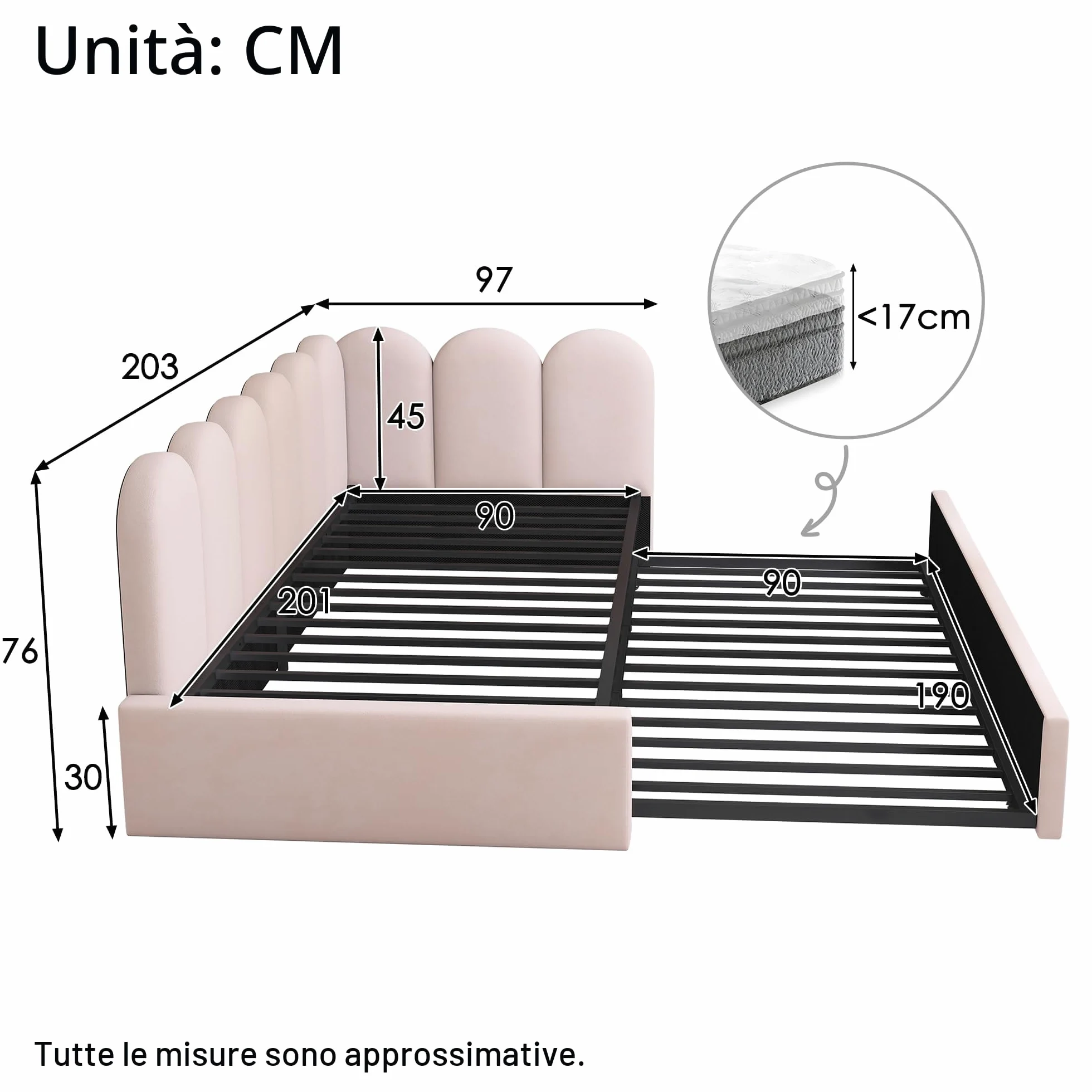 Letto imbottito, 90 x 200 cm, divano letto con letto estraibile, 90 x 190 cm, letto per bambini con rete a doghe, velluto, rosa, senza materasso