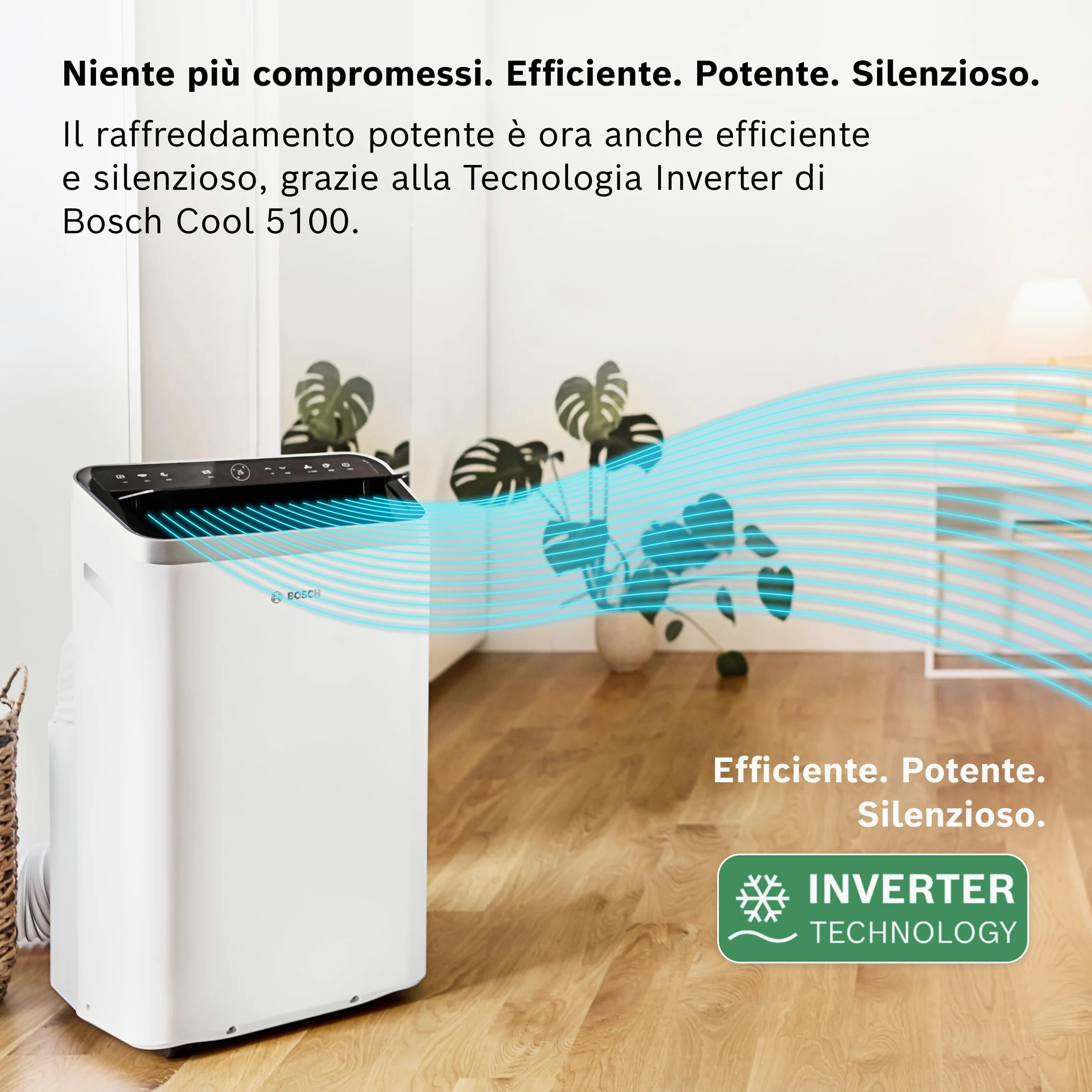 Bosch Cool 5100 Climatizzatore portatile - Climatizzatore 3 in 1, deumidificatore, ventilatore - 3,4 kW per ambienti fino a 46 m² - Con modalità Auto, Silent e Sleep