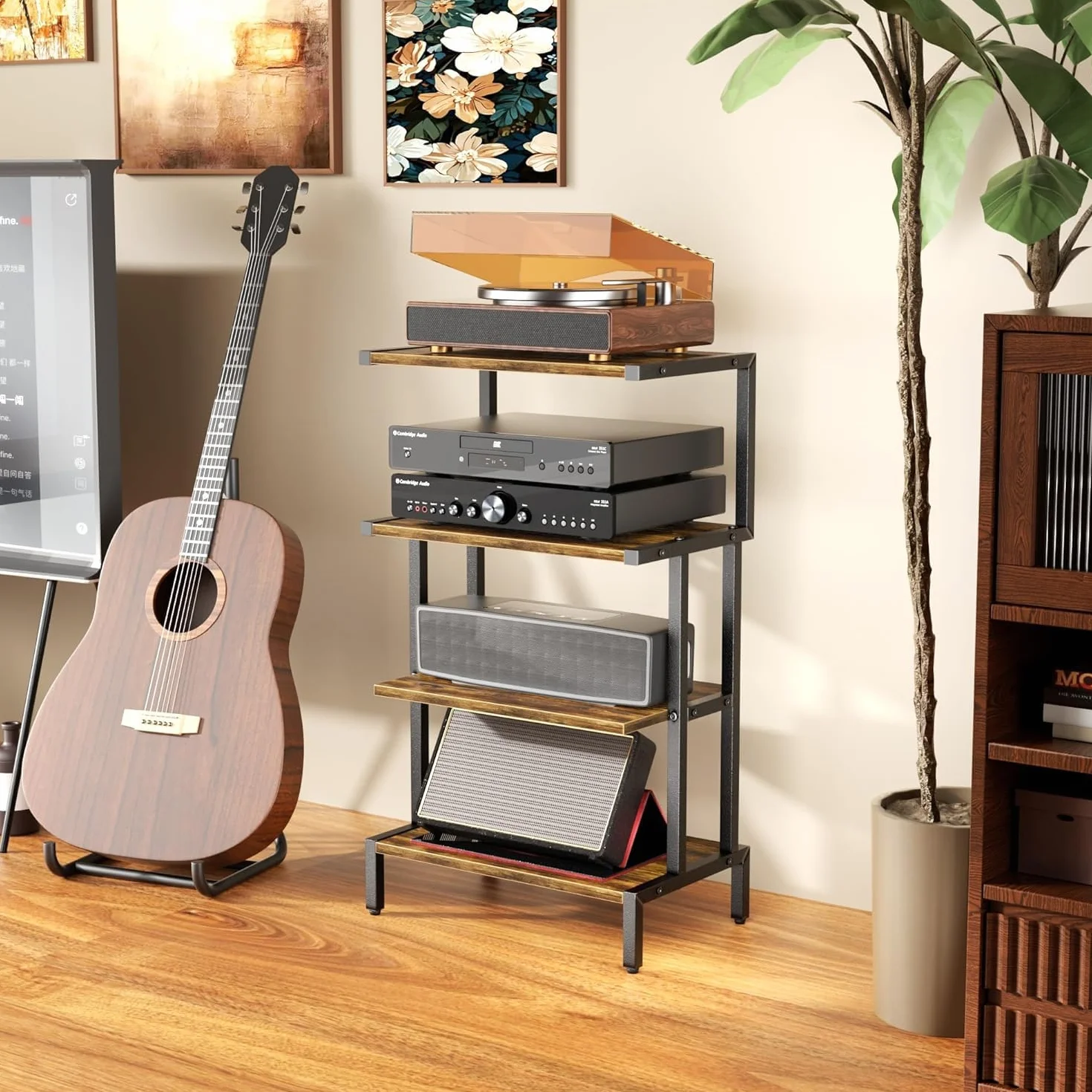 Aquzee Mobile Giradischi, Mobili per Hi Fi Con Supporto Stereo a 4 Livelli per Piccoli Spazi, Supporto per Console di Gioco Con 4 Ripiani, Marrone Rustico