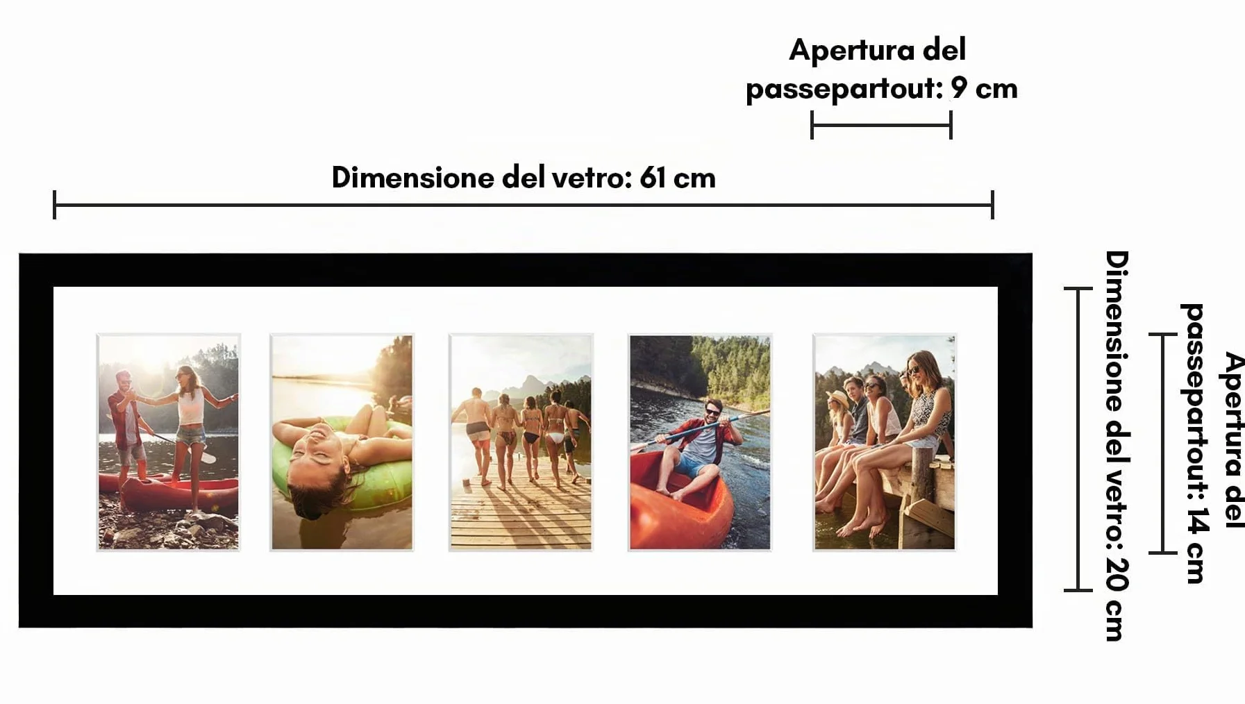 Americanflat Cornice 10x15 cm Nero Portafoto da Parete Multiplo 20x61 cm Passepartout 5 Foto Vetro Infrangibile