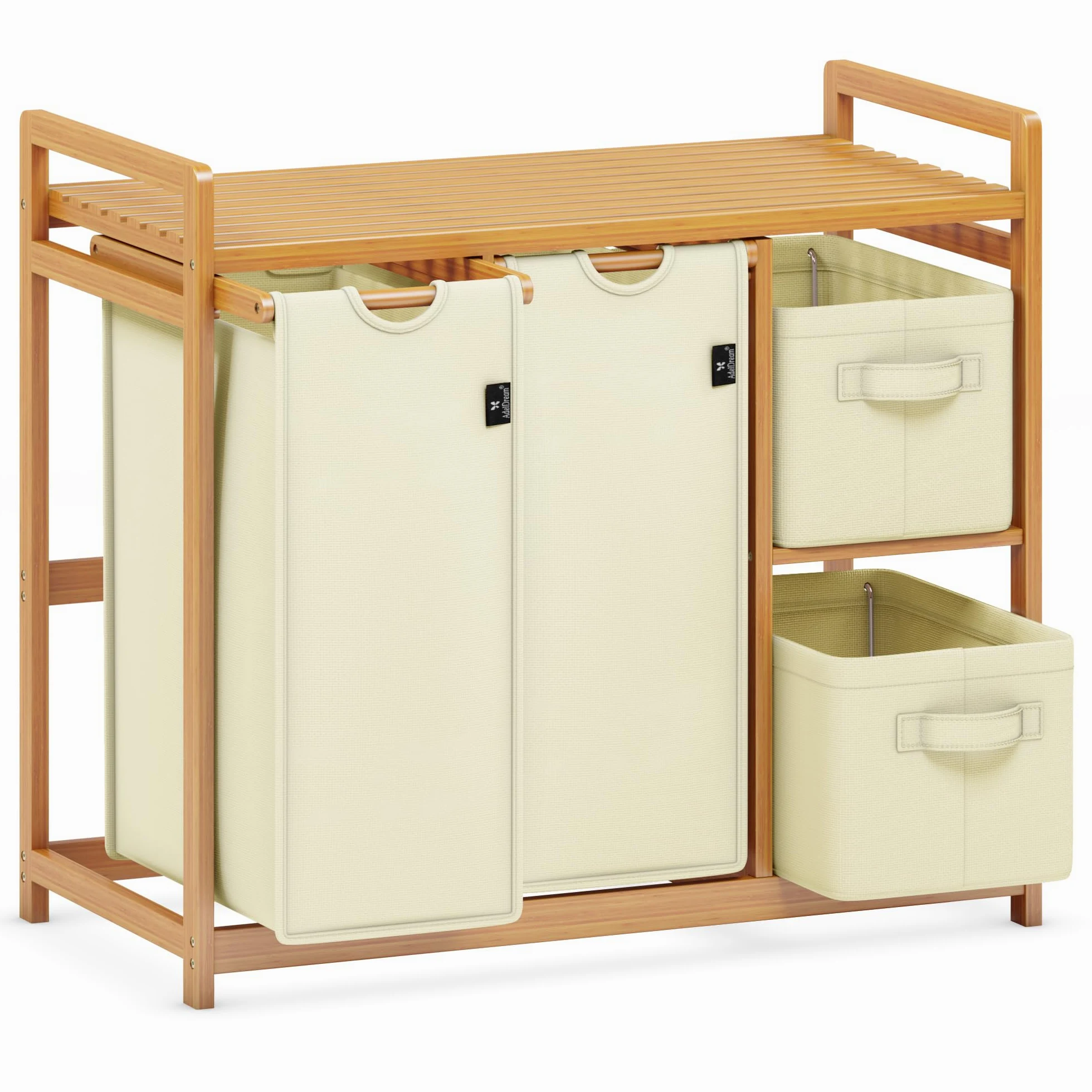 AdelDream B0FCXLP1 - Cesto portabiancheria a 4 scomparti, 140 l, con cestino, con 2 sacchetti per la biancheria e 2 scatole di stoffa con ripiano, in bambù, per la biancheria, colore: Beige