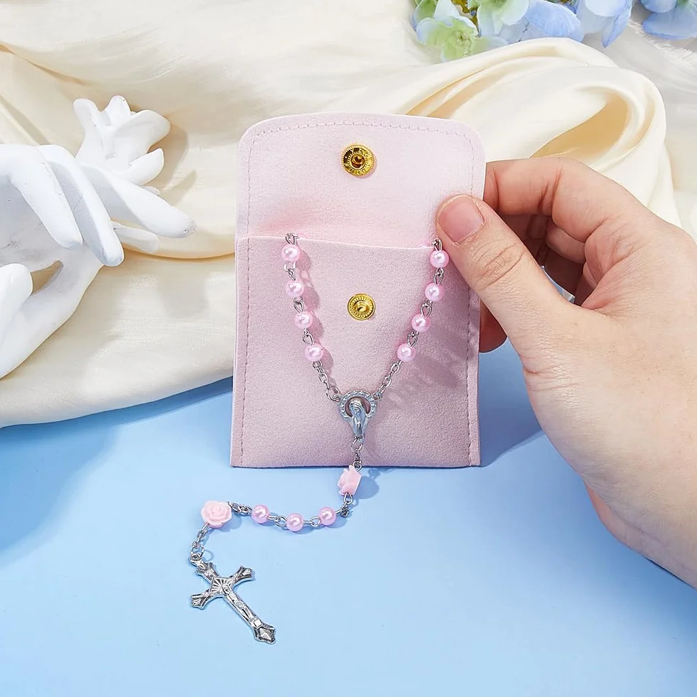 DICOSMETIC Rosa Blu Rosso Viola Rosario Collana Perline Rosario Collane Lega Gesù Croce Rose Ghirlanda Collana Per Le Donne Uomini Con 1 Pezzo Pelle PU Gioielli Borse d'Imballaggio