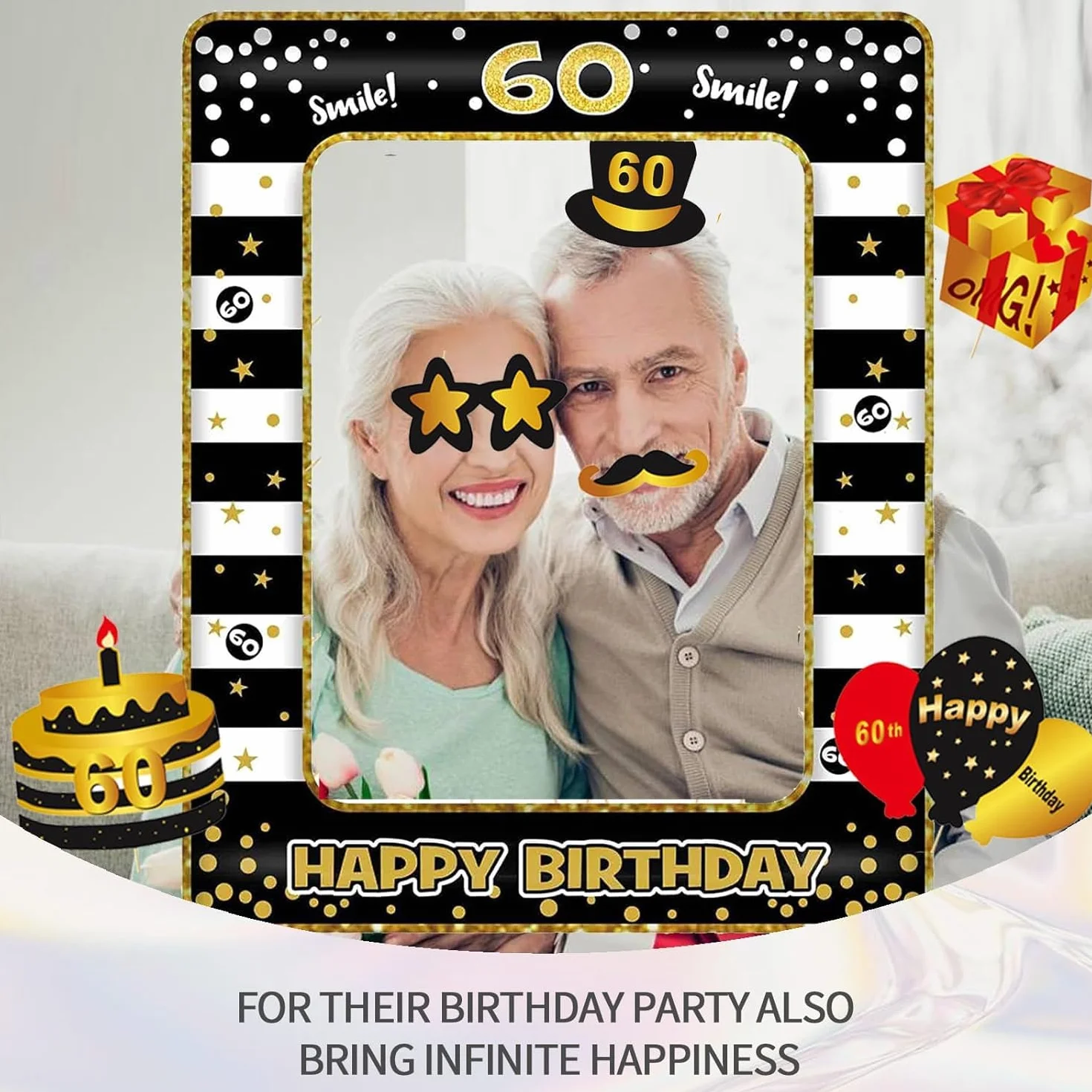 Photo Booth Compleanno Accessori 60 Anni Fai da Te Carta Foto Frame Baffi Occhiali Cappelli