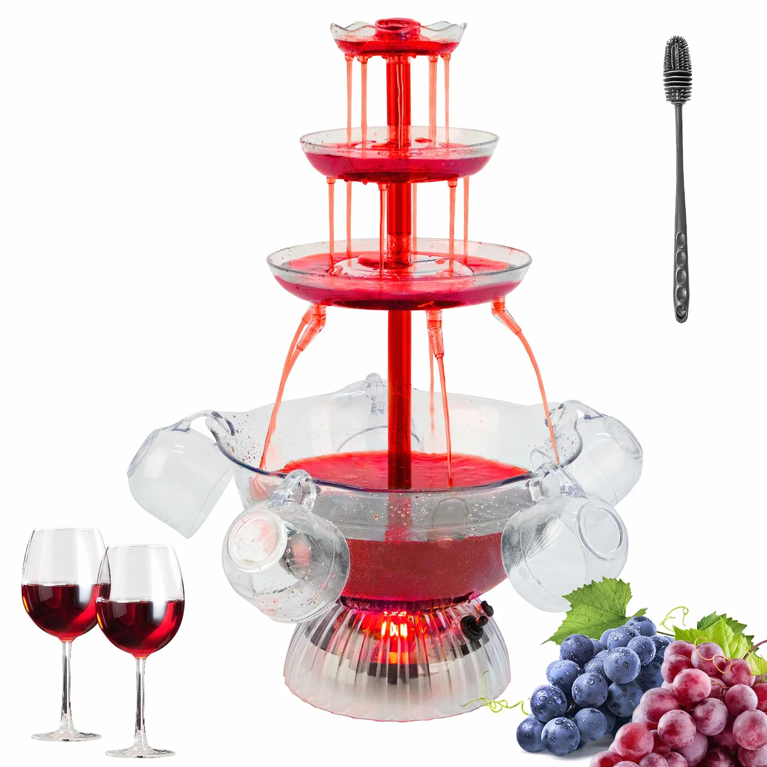 Fontana trasparente a 3 livelli, fontana per feste di vino rosso, con 5 tazze, per vino liquido, base illuminata a LED, posizionamento stabile, per giochi da bere, bar, feste di compleanno
