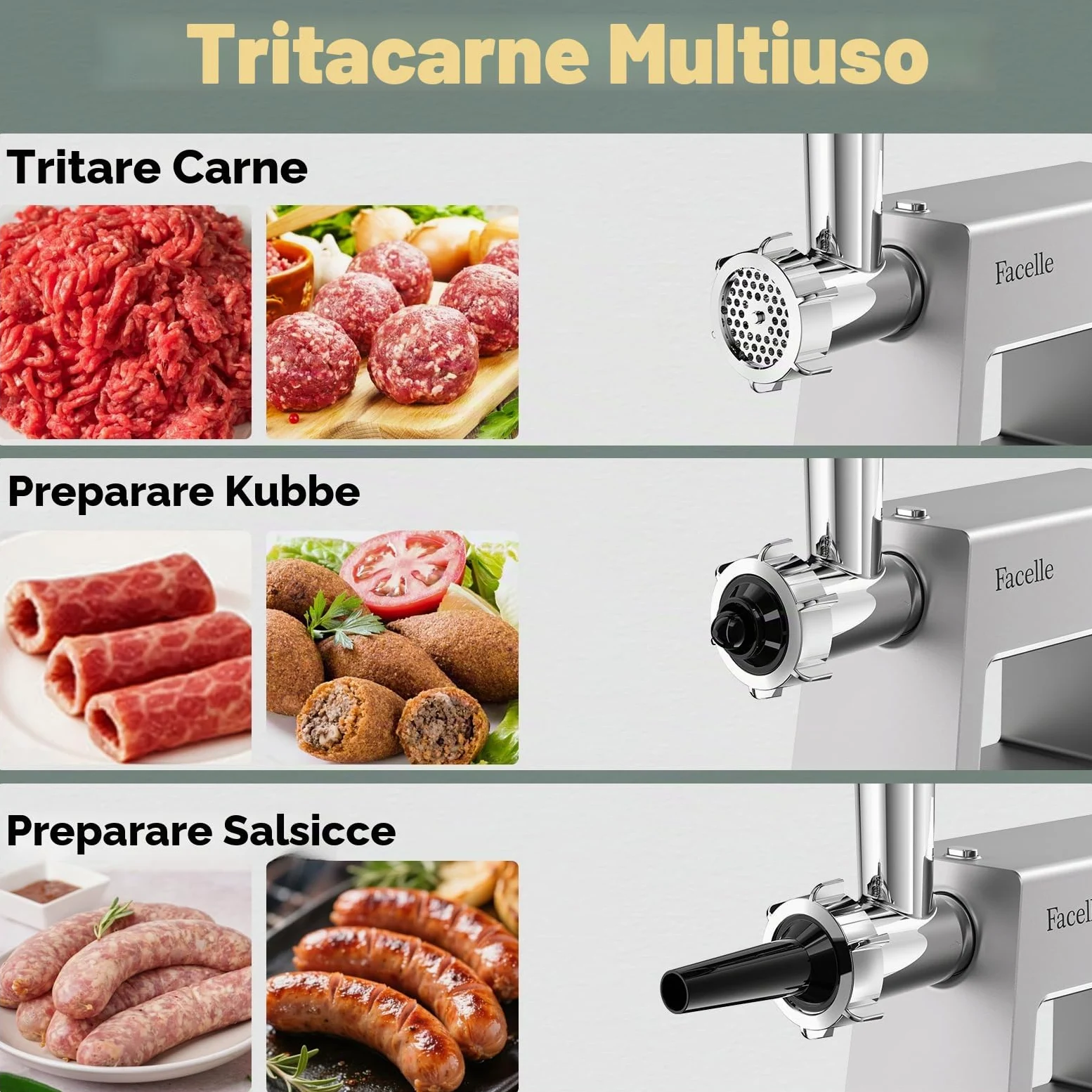 Facelle Tritacarne Elettrico per un Uso Familiare, 2000 W Max, con 3 Piastre Abrasive in Acciaio Inox, 1 Cubo e 1 Tubo di Riempimento per Salsicce, Tritacarne per Hamburger, Kibbeh e Cibo per Cani