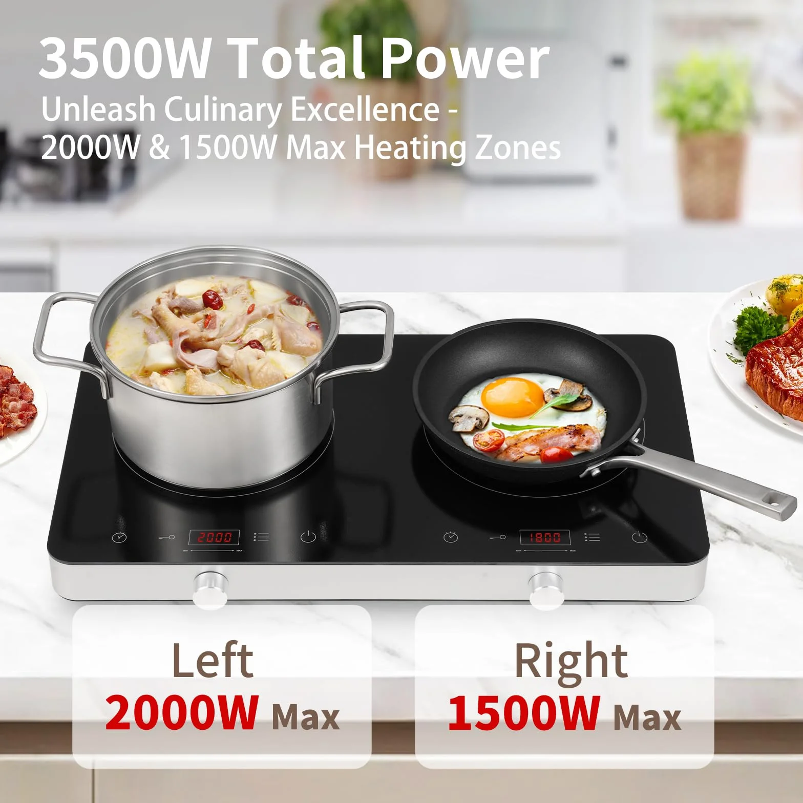 COOKTRON Piastra Induzione 2 Fuochi, Piastra Ad Induzione 3500W, Portatile con Controllo Touch e Manopola, Timer 4 Ore, Sicurezza Bambini, 10 Livelli di Potenza/Temperatura