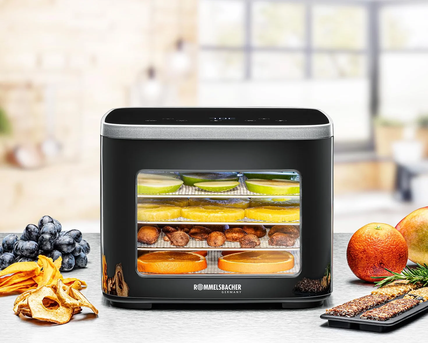 ROMMELSBACHER Essiccatore DA 450, superficie di essiccazione 0,2 m², con 5 vassoi in acciaio inox, 1 griglia di essiccazione, 1 base di essiccazione, 2 stampi per cereali, display LCD, timer 99 ore
