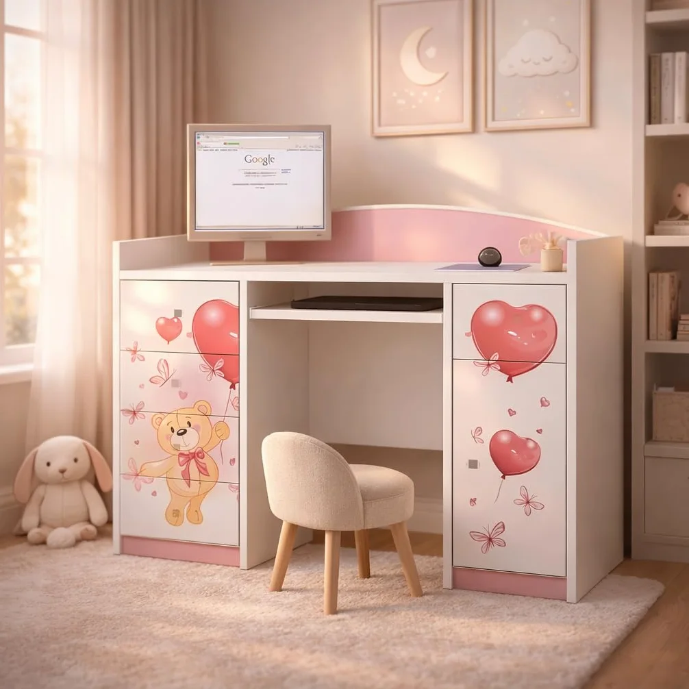 Happy Babies Scrivania per bambini con 5 cassetti, colore bianco, blu, 125 x 89 x 60 cm, scrivania per computer con ripiano per tastiera, per cameretta dei bambini, motivo orsacchiotto