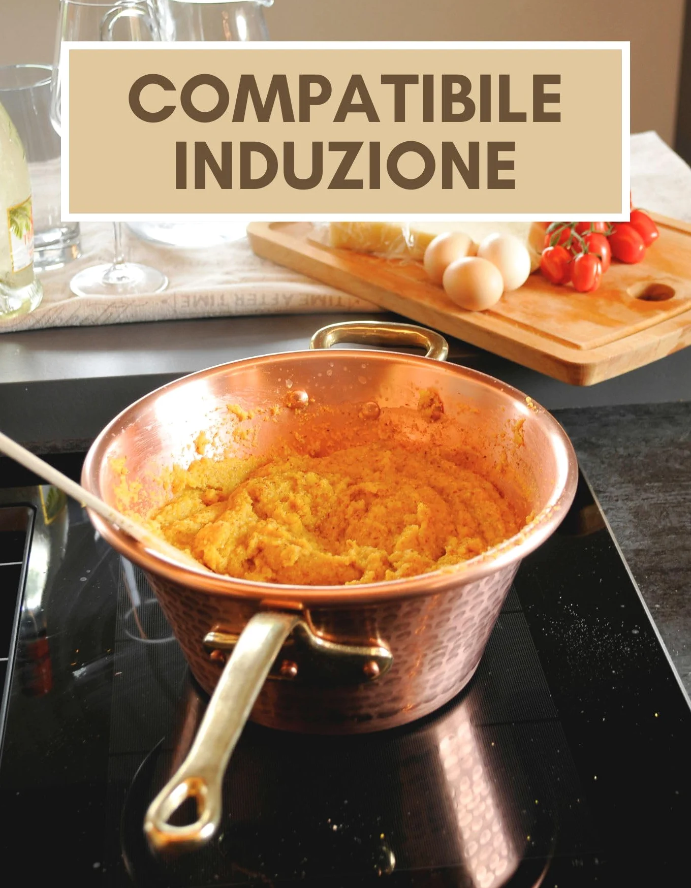 RAME PURO Paiolo per Polenta in Rame Induzione - 23 cm, 2,5L, Manico Ottone, 2/3 Persone, anche per Marmellata, Formaggi, Fondo Saldato Argento, Martellato a Mano – Made in Italy