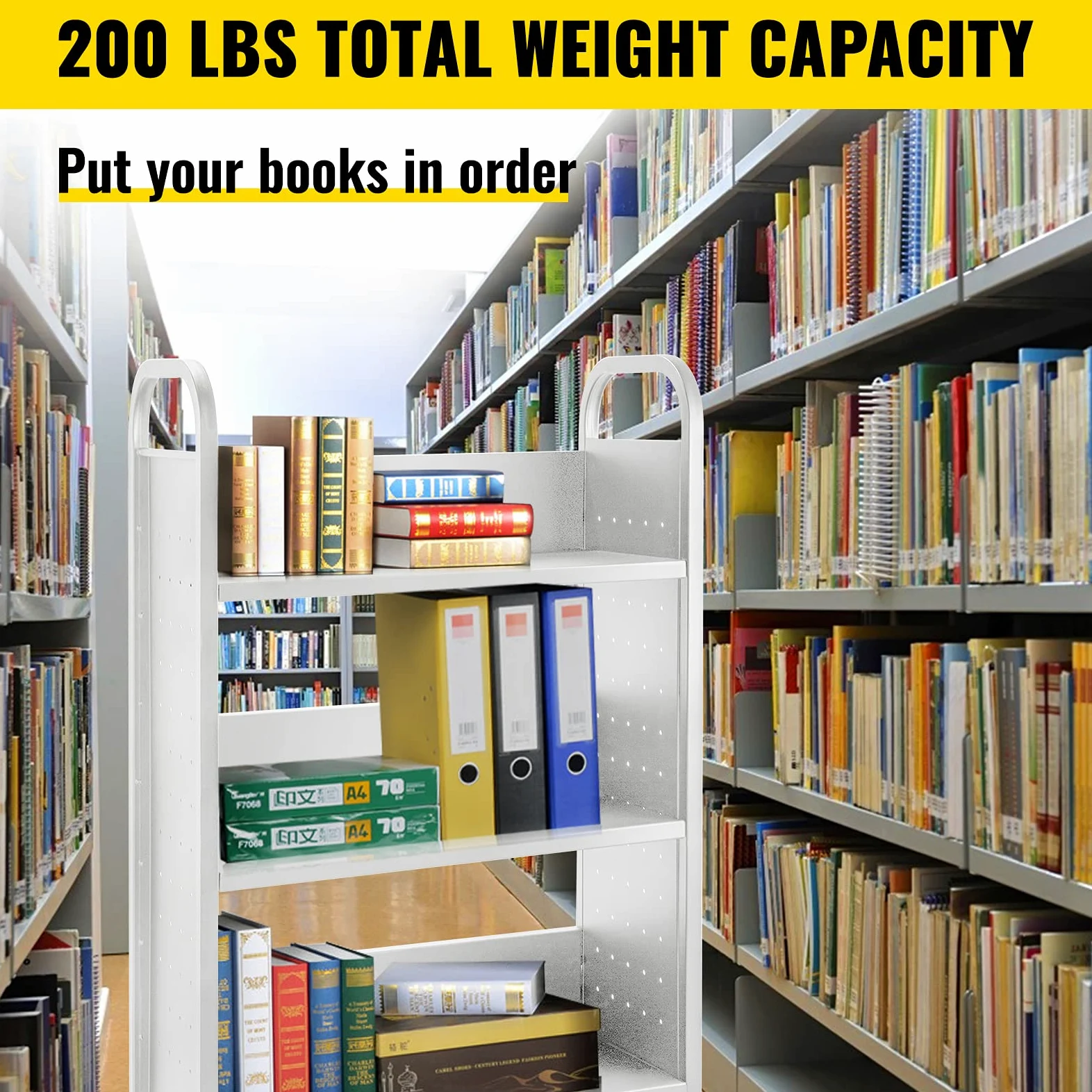 VEVOR Carrello per Libri, Carrello per Biblioteca da 200 Libbre, Carrello per Libri con Ruote 30x14x49 Pollici Ruote Bloccabili da 4 Pollici, per Scaffali Domestici Ufficio, Bianco