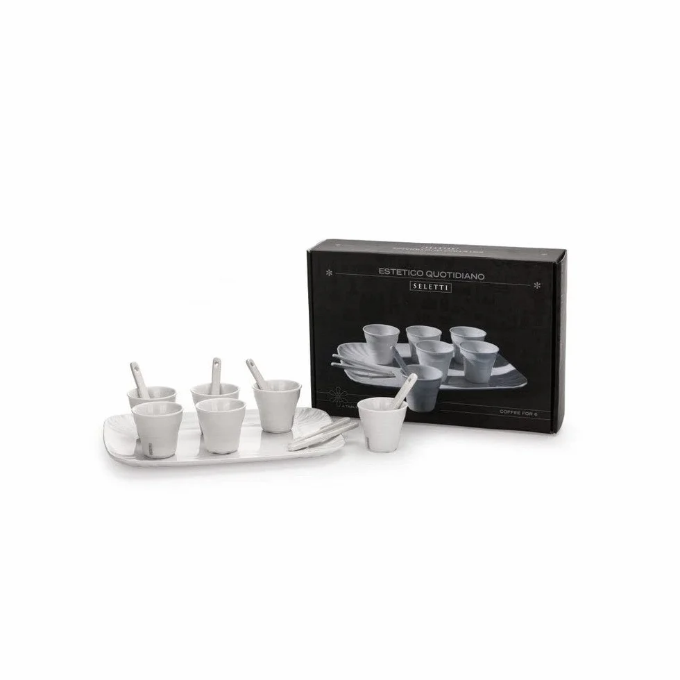 Set: 6 Bicchierino Caffe'+6 Palettine+1 Vassoio Cm.18,5X27 In Porcellana