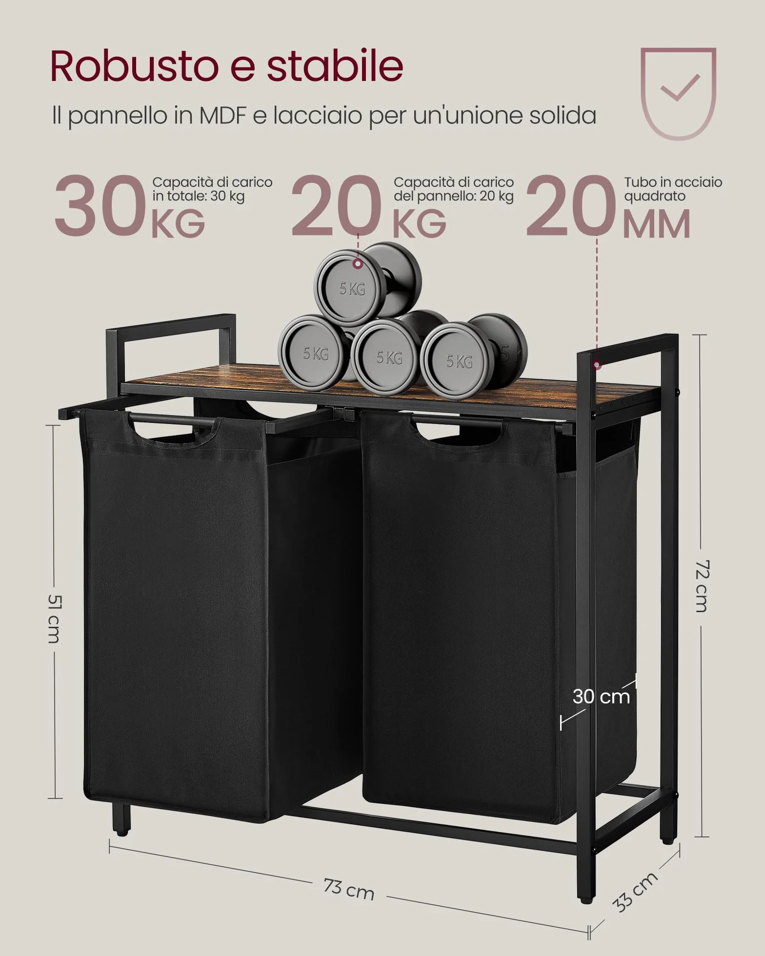 VASAGLE Cesto Portabiancheria 2 Sacchi Rimovibili Metallo 2x46L 73x33x72 cm Nero Inchiostro Marrone Vintage