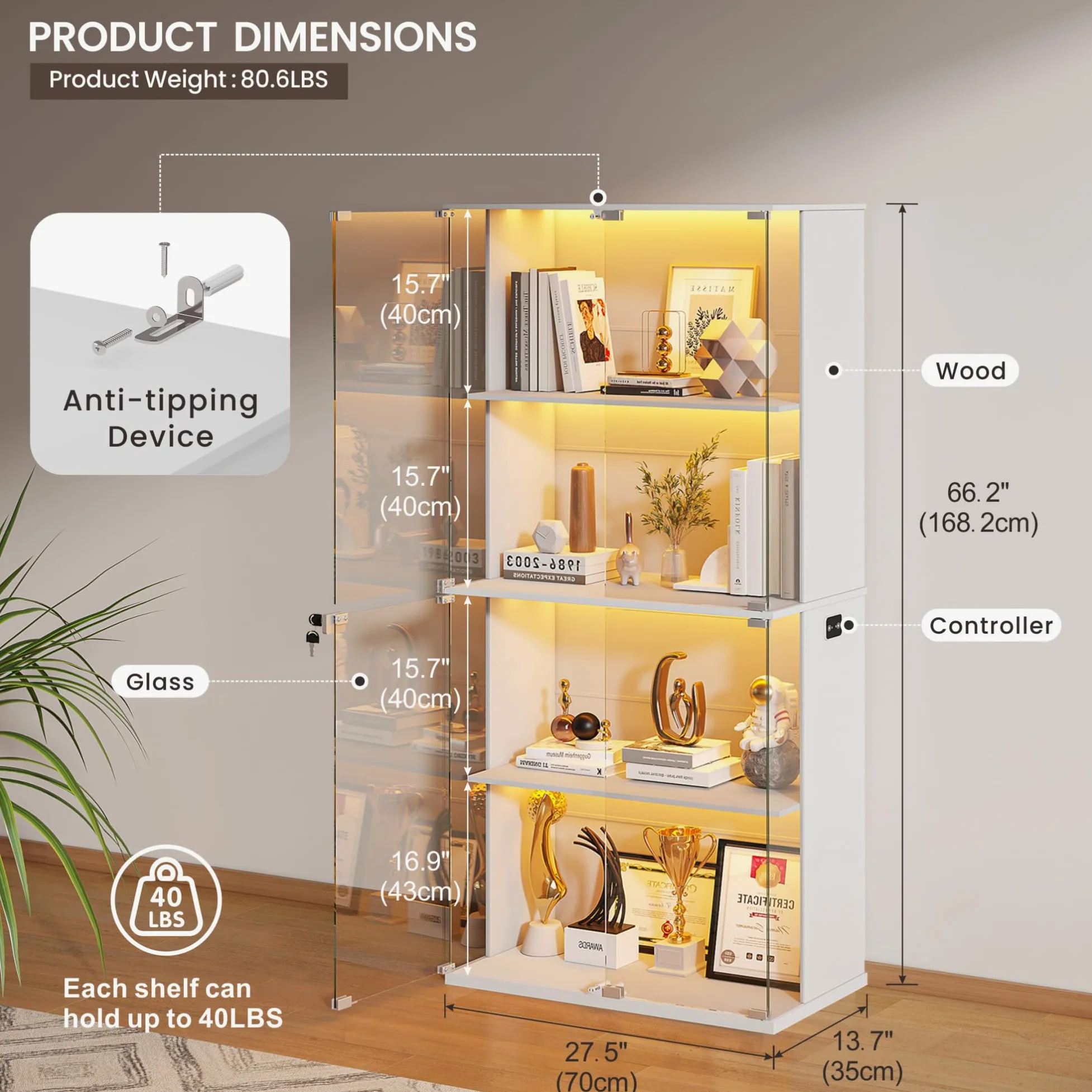 Gurexl 168 CM Vetrina in Vetro con LED 3 Couleurs,Vetrine Da Collezione Anta IIn vetro con Serratura,Pavimento Credenza in Vetro con Sensore Intelligente Per Soggiorno,Curio,Collezione,Bianco
