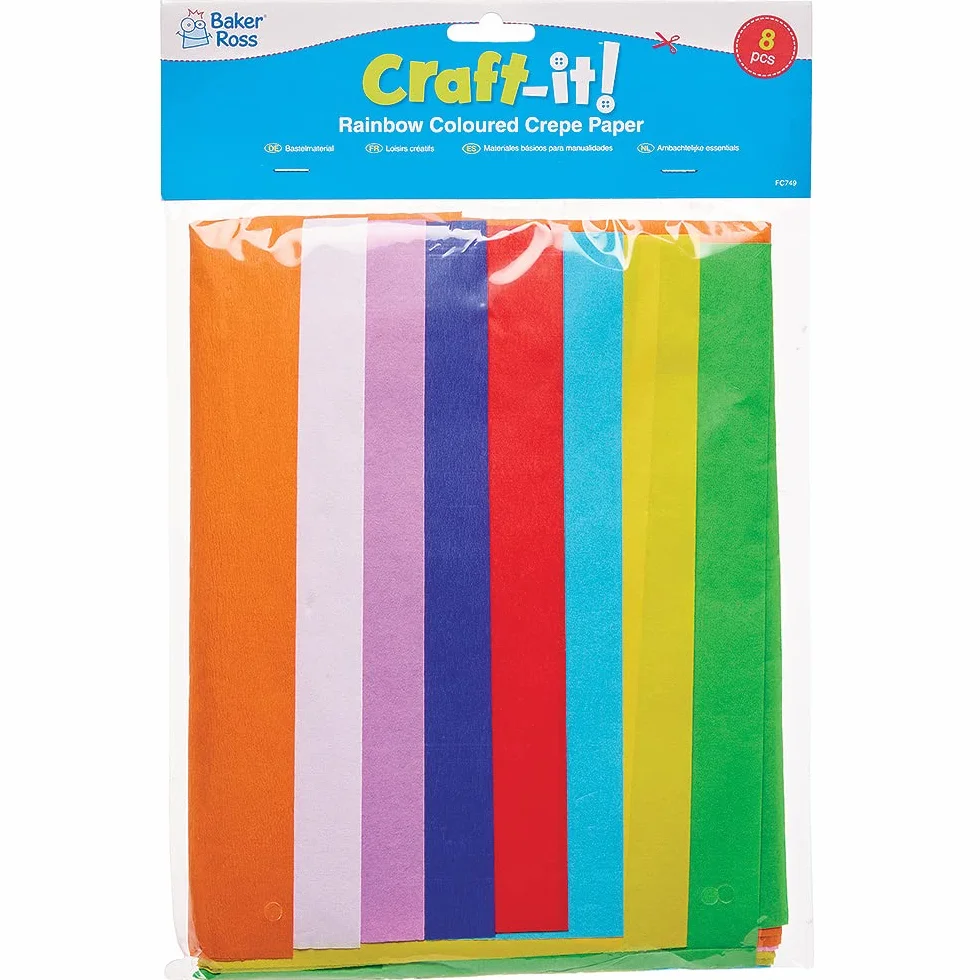 Baker Ross FC749 Carta Crespa Colorata Arcobaleno - Set di 8 Materiale Artistico per Bambini