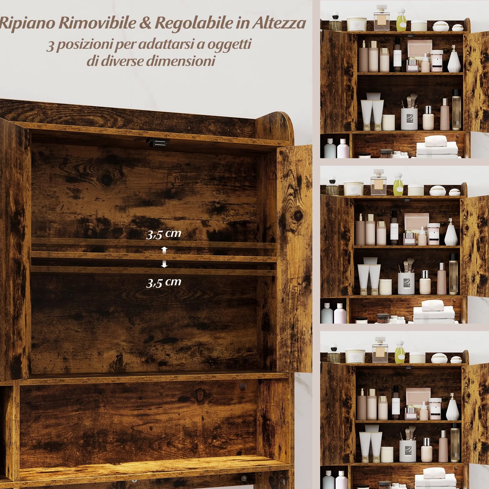 COSTWAY Mobile da Bagno Sopra WC, Scaffale Salvaspazio con Armadietto a 2 Ante, 6 Scomparti Aperti, Porta Fazzoletti, Gancio e Ripiano Regolabile, Mobiletto per Bagno e Lavanderia (Marrone)