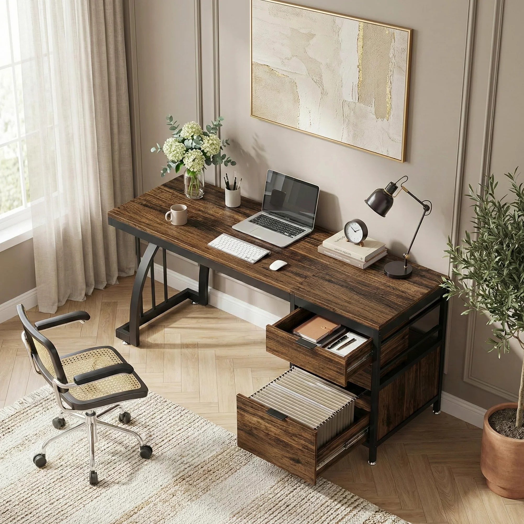 Lailang 150cm Scrivania Computer con 3 Cassetti, Scrittoio Vintage, Scrivania da Studio, Mobili Ufficio Moderni, Scrivania Gaming Marrone, Scrivania Lunga, 150 x 50 x 75 cm, Marrone Rustico