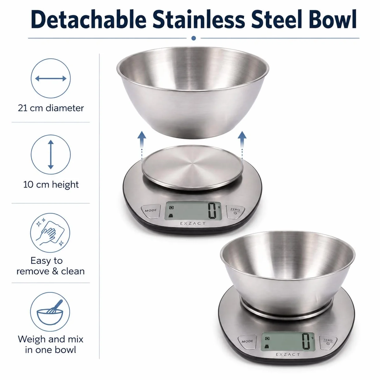 Exzact Bilancia da cucina digitale in acciaio inossidabile - Bilancia con Ciotola Rimovibile - Funzione Tara - Max Capacità 5 kgs - Bilancia da Cucina Elettronica